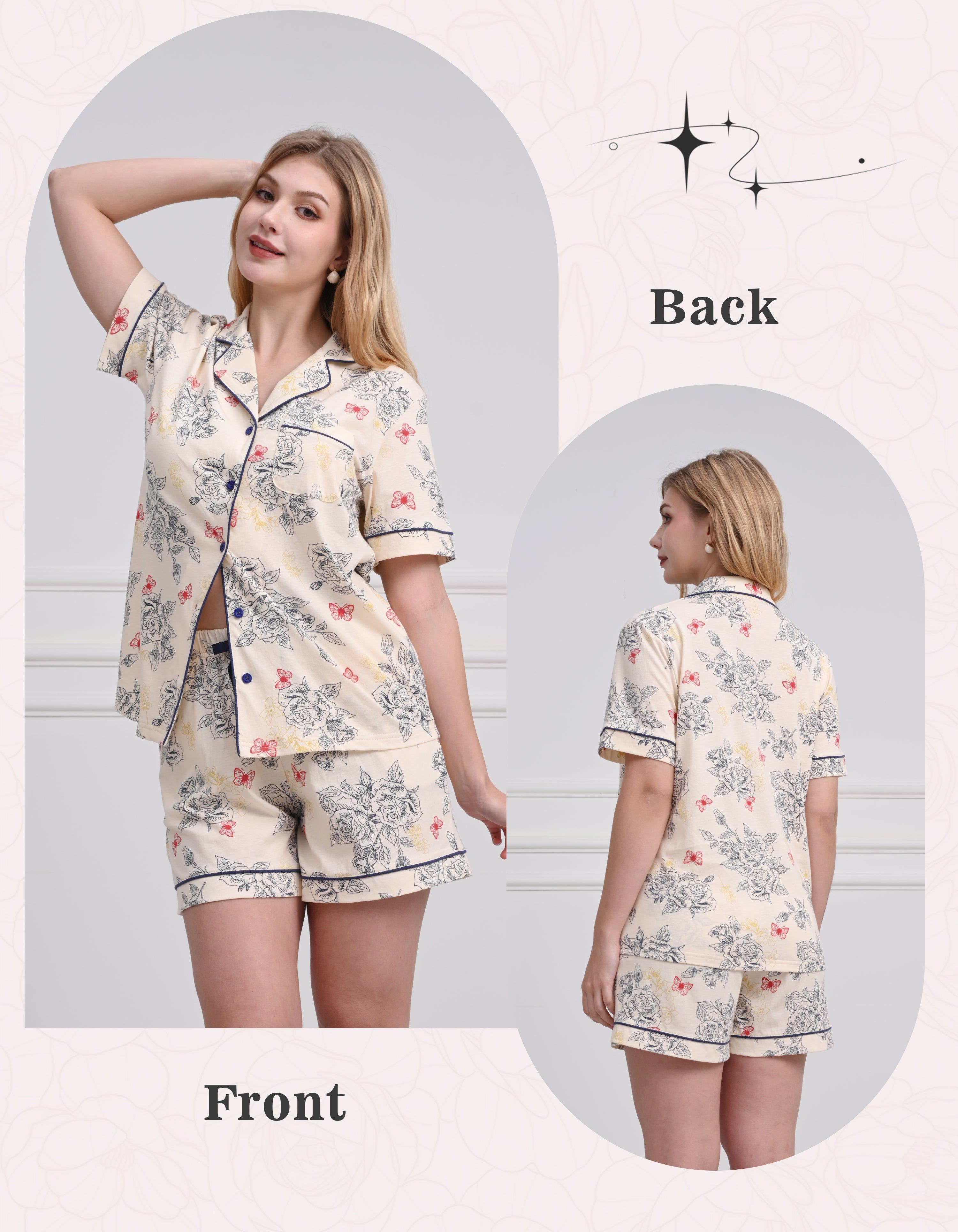 Front and back view of women rose line print cotton pajama set