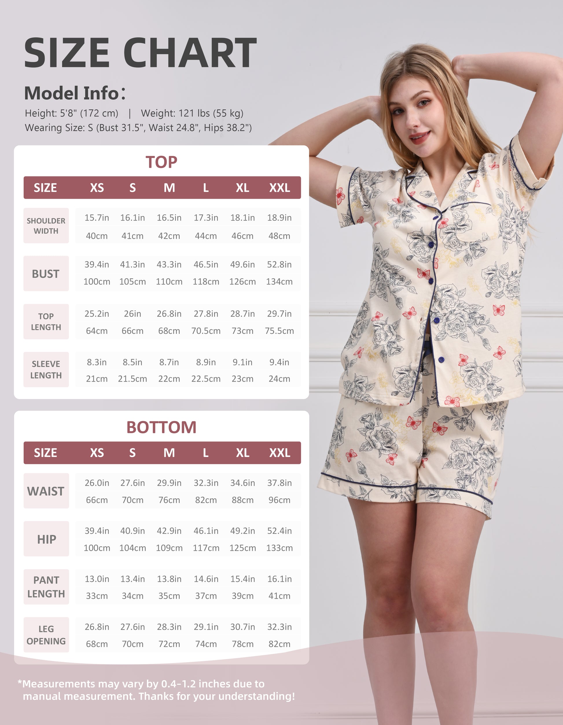 Size chart for women rose line print cotton pajama set