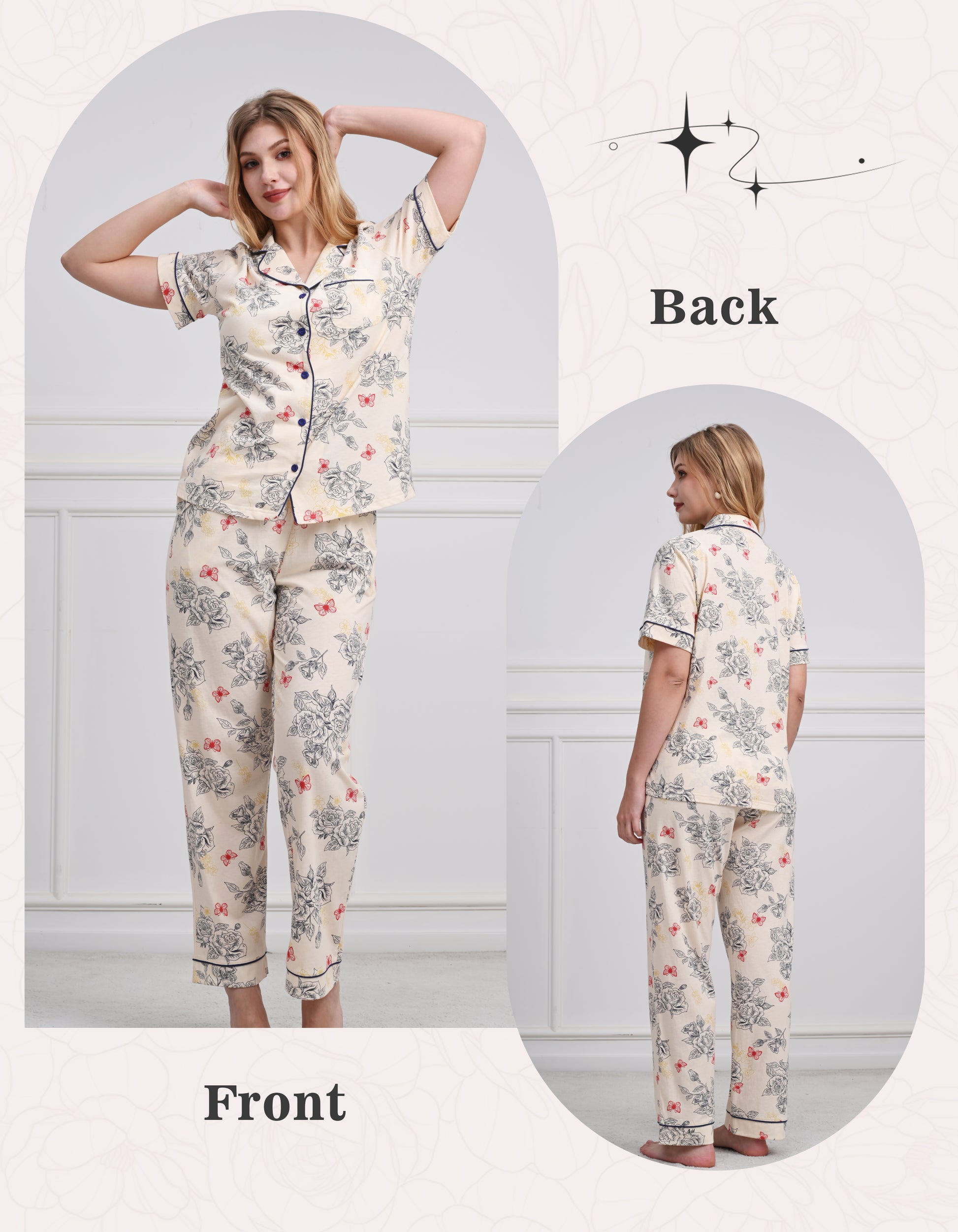 Front and back view of women line art rose short sleeve pajama set
