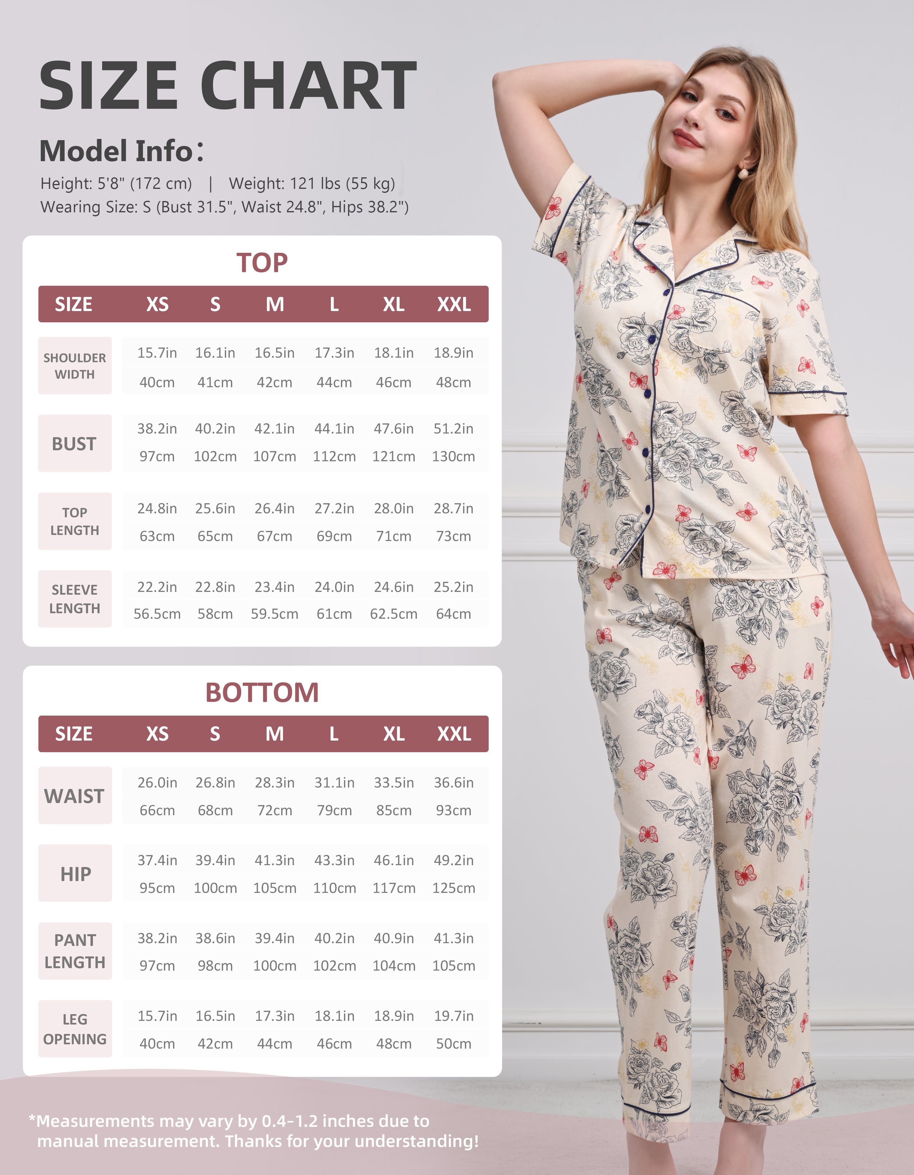 Size chart for women line art rose cotton pajama set