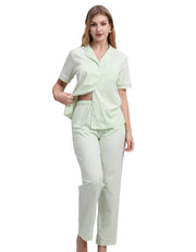 Sage green women’s knit cotton pajama set front view on white background