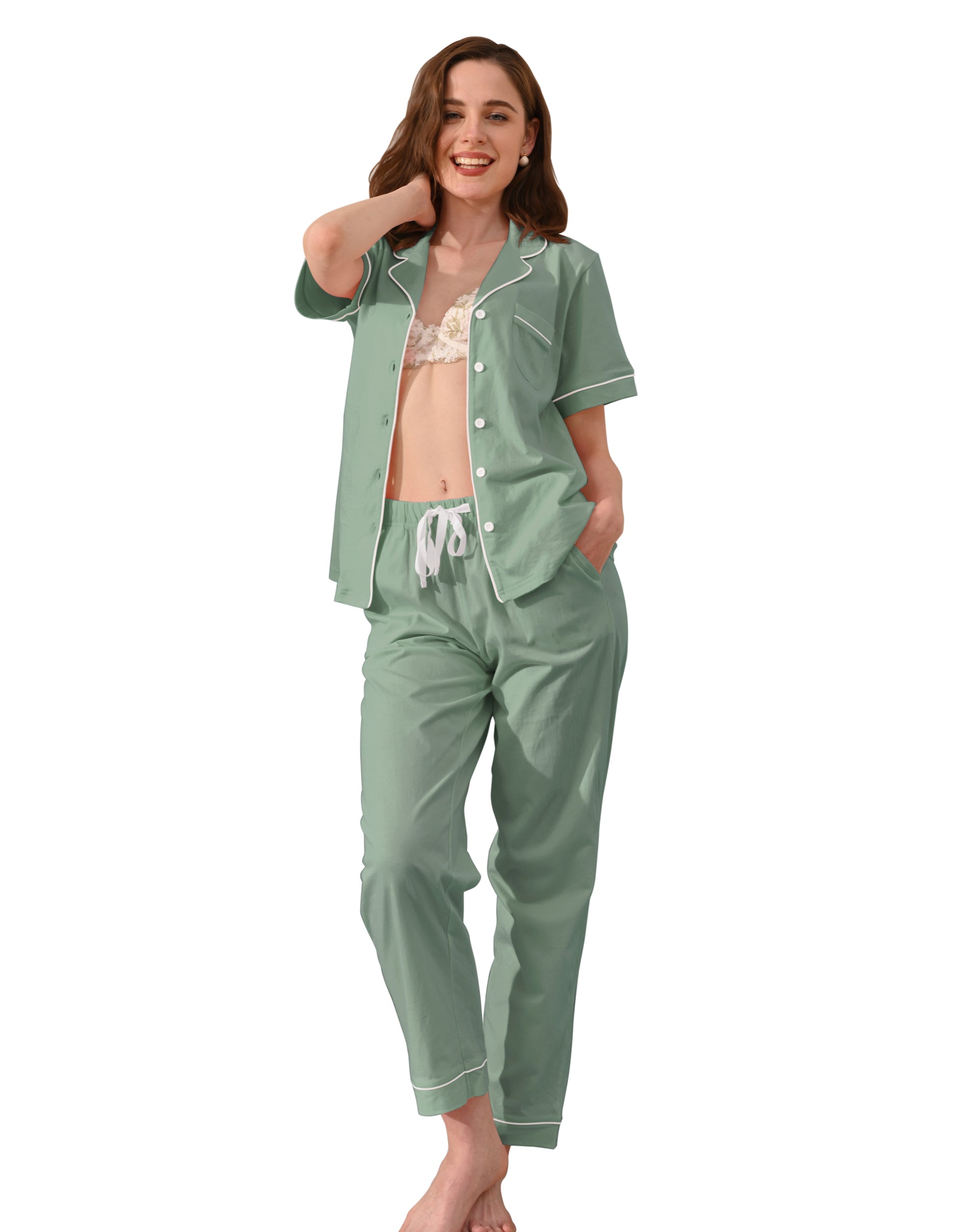 Sage green knit cotton women’s pajama set front view on white background