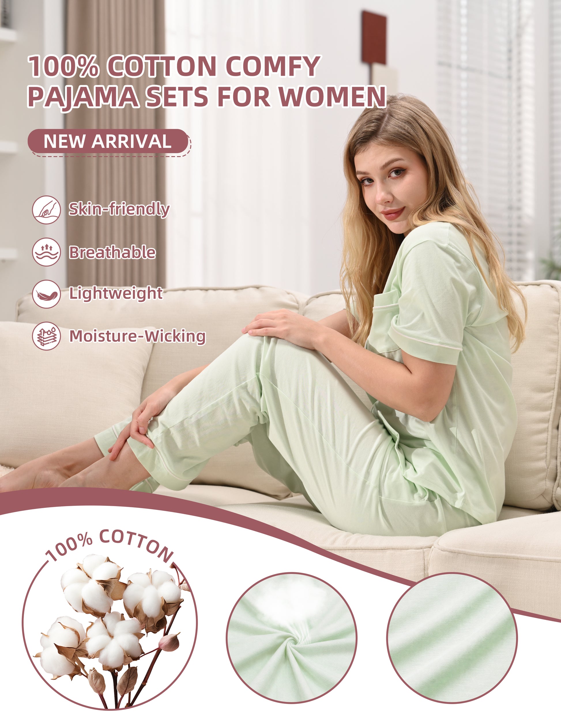 Close-up of sage green knit cotton pajama fabric showing softness and breathability