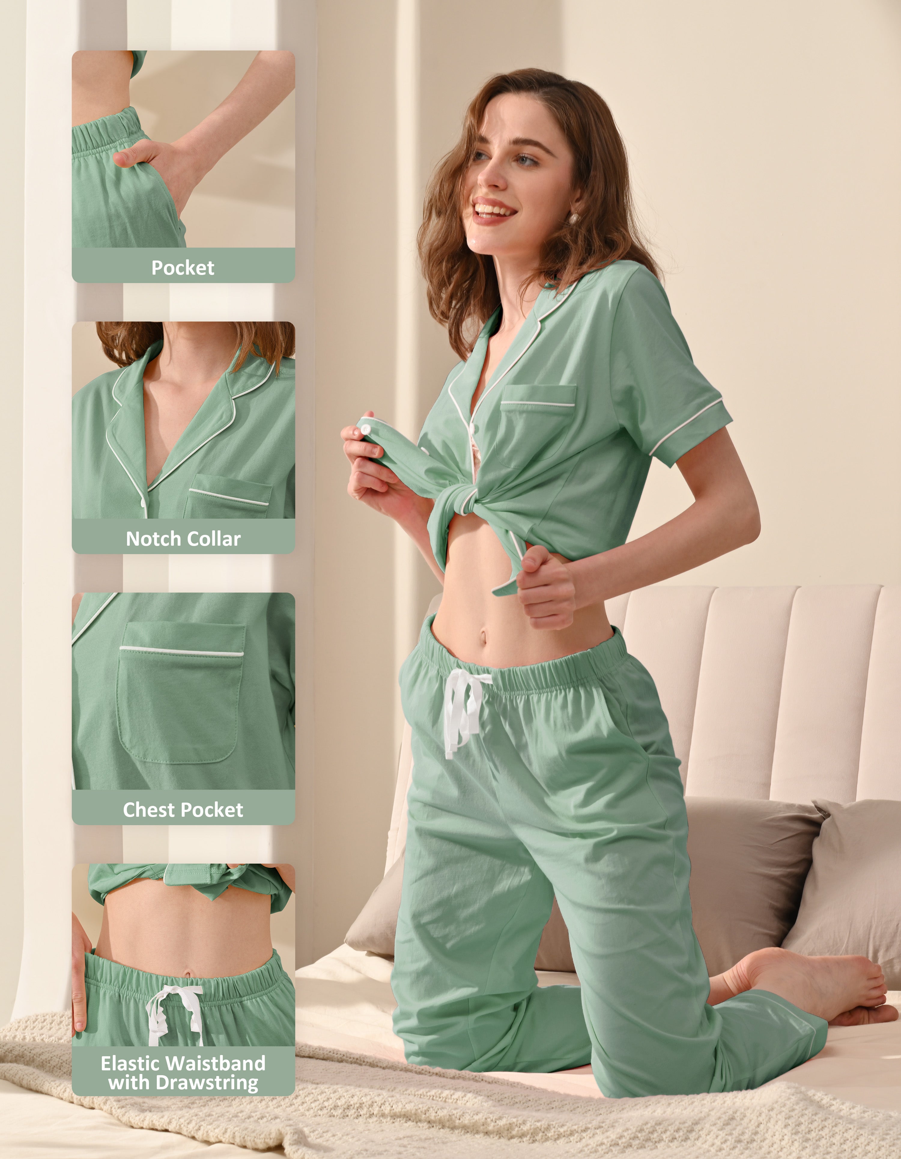 Design details of sage green knit cotton pajamas including notch collar, chest pocket, and drawstring waistband