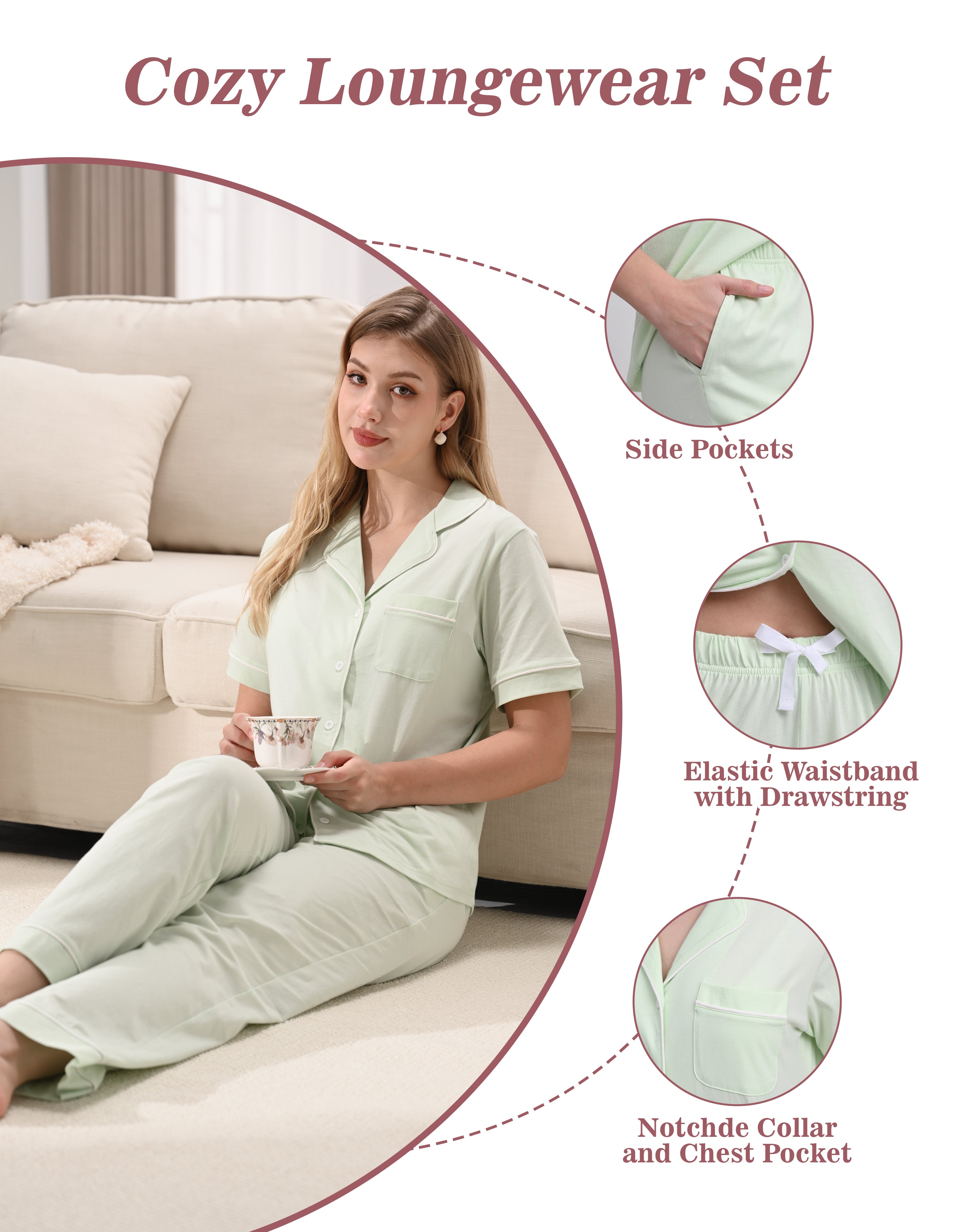 Design features of sage green knit cotton pajamas including side pockets, drawstring waistband and notched collar
