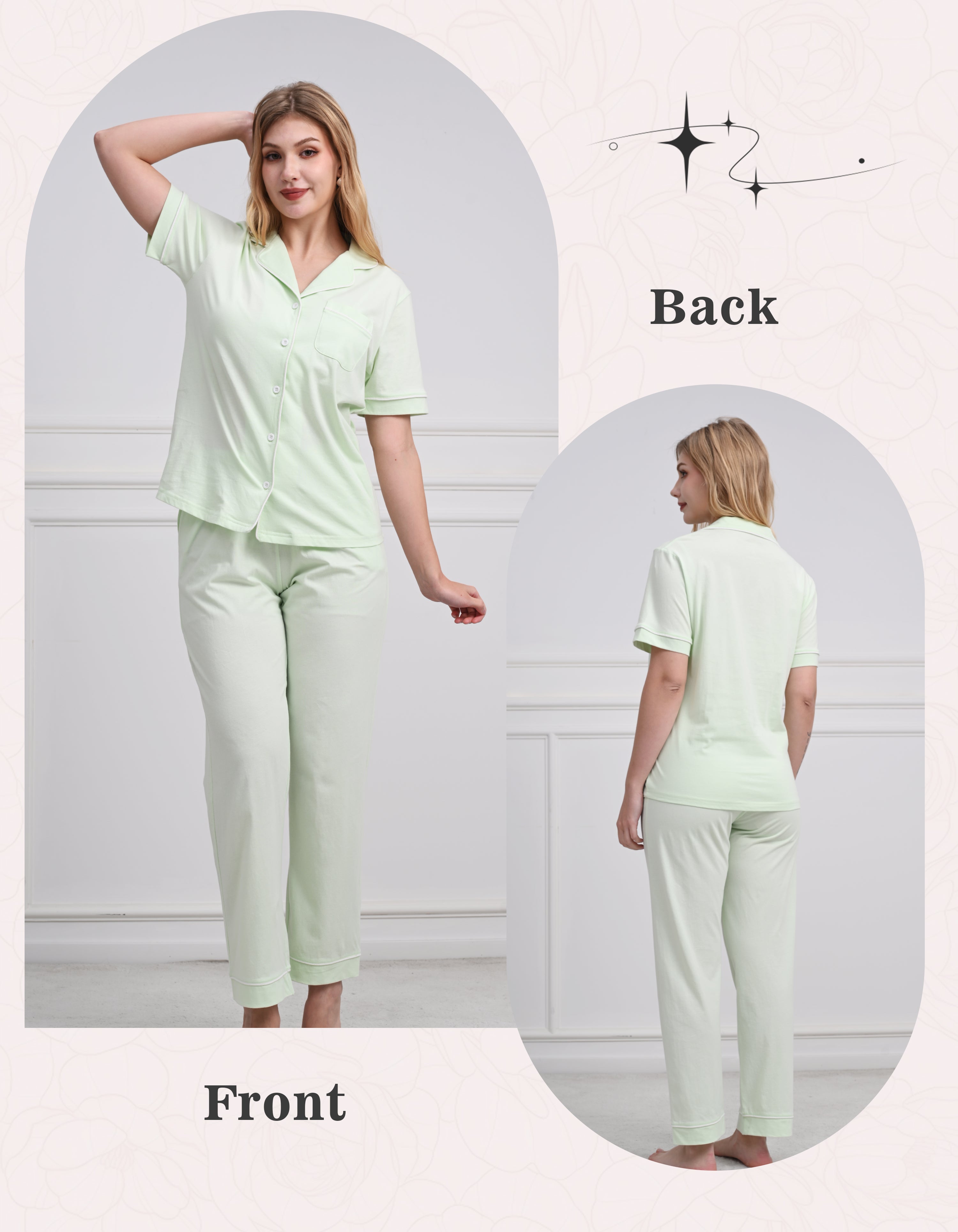 Front and back view comparison of sage green women’s knit cotton pajama set