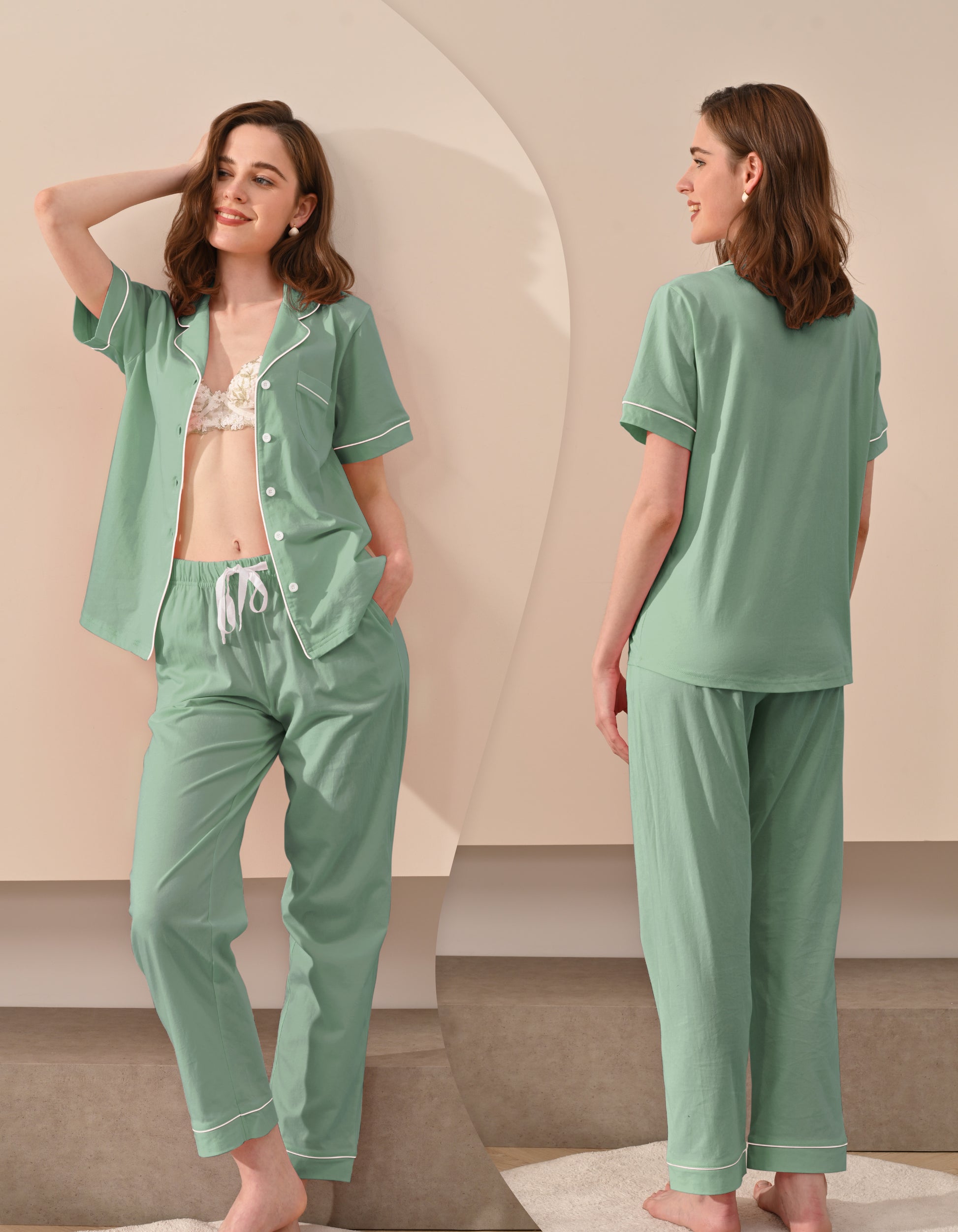 Front and back view comparison of sage green women’s pajama set
