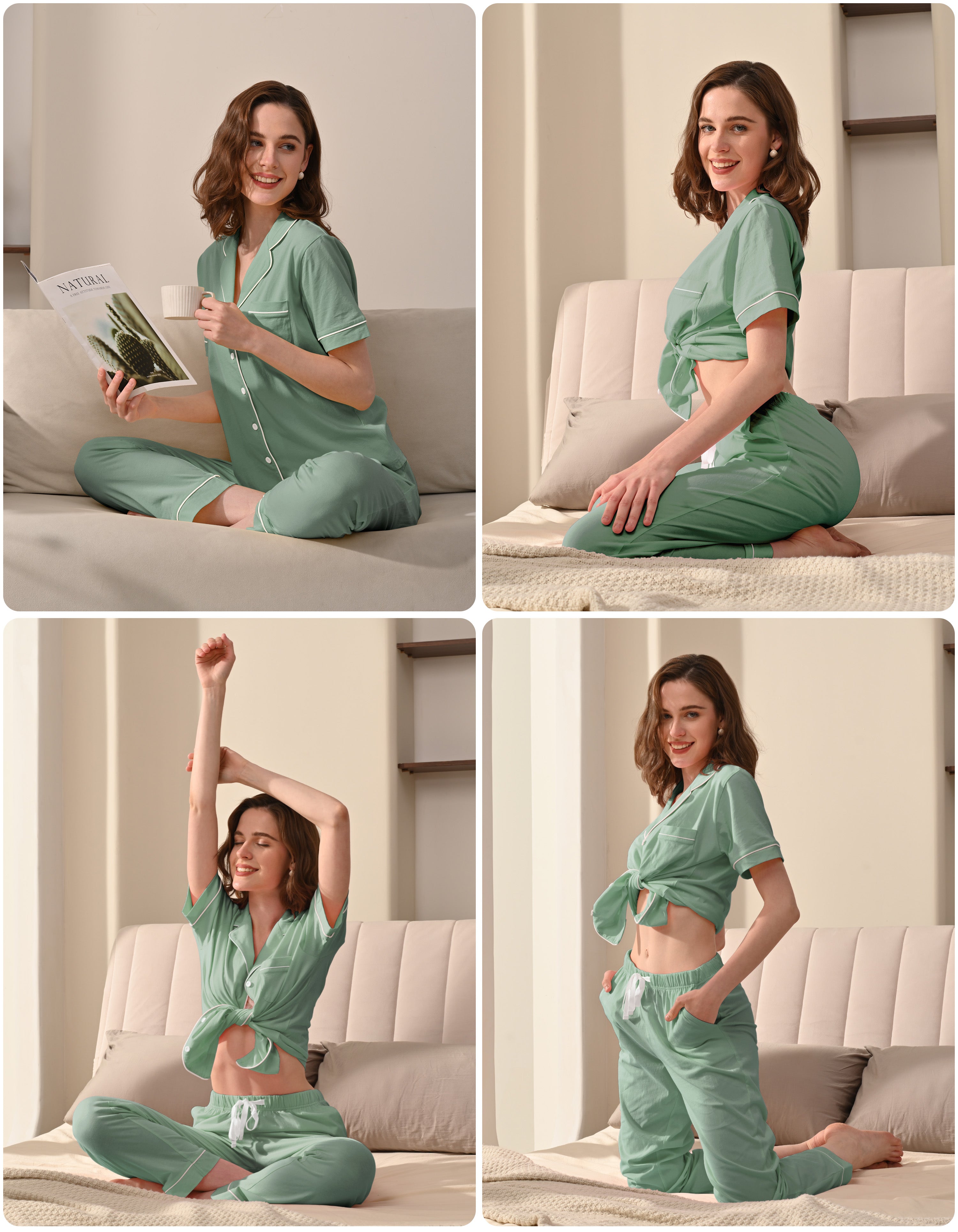 Model wearing sage green knit cotton pajamas in cozy home and bedroom scenes