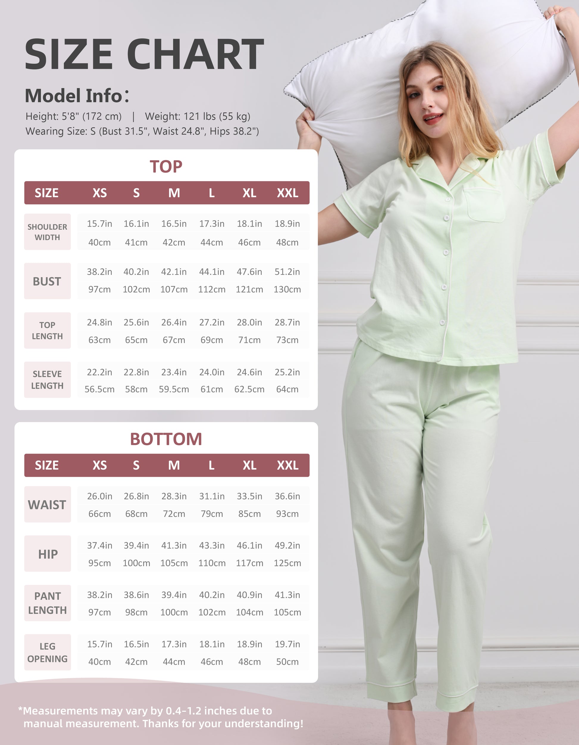 Size chart for women’s sage green knit cotton pajama set top and pants