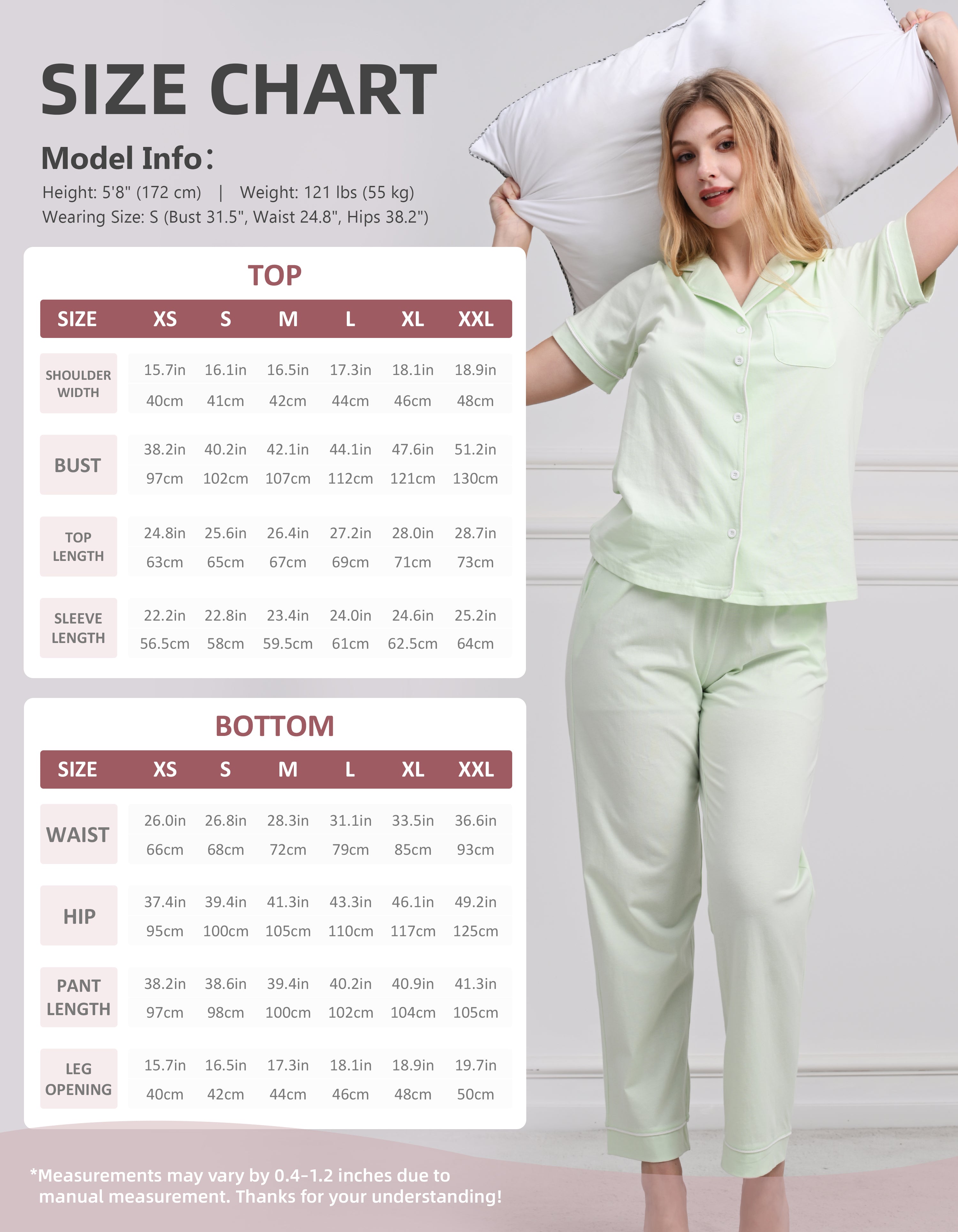 Size chart for women’s sage green knit cotton pajama set top and pants