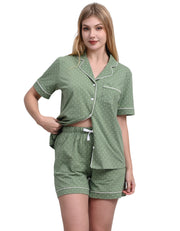 Sage green polka dot cotton pajama set for women front view