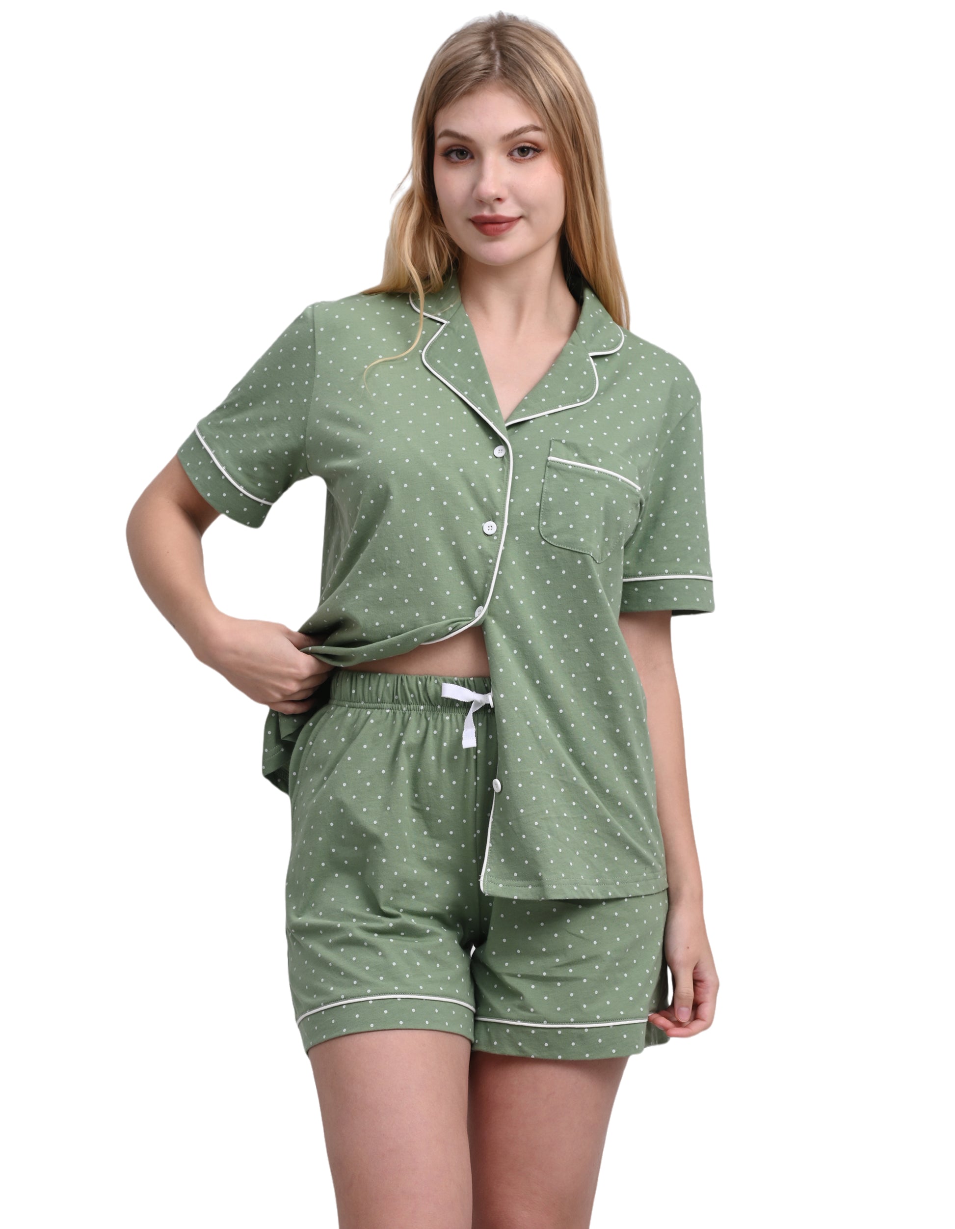 Sage green polka dot cotton pajama set for women front view