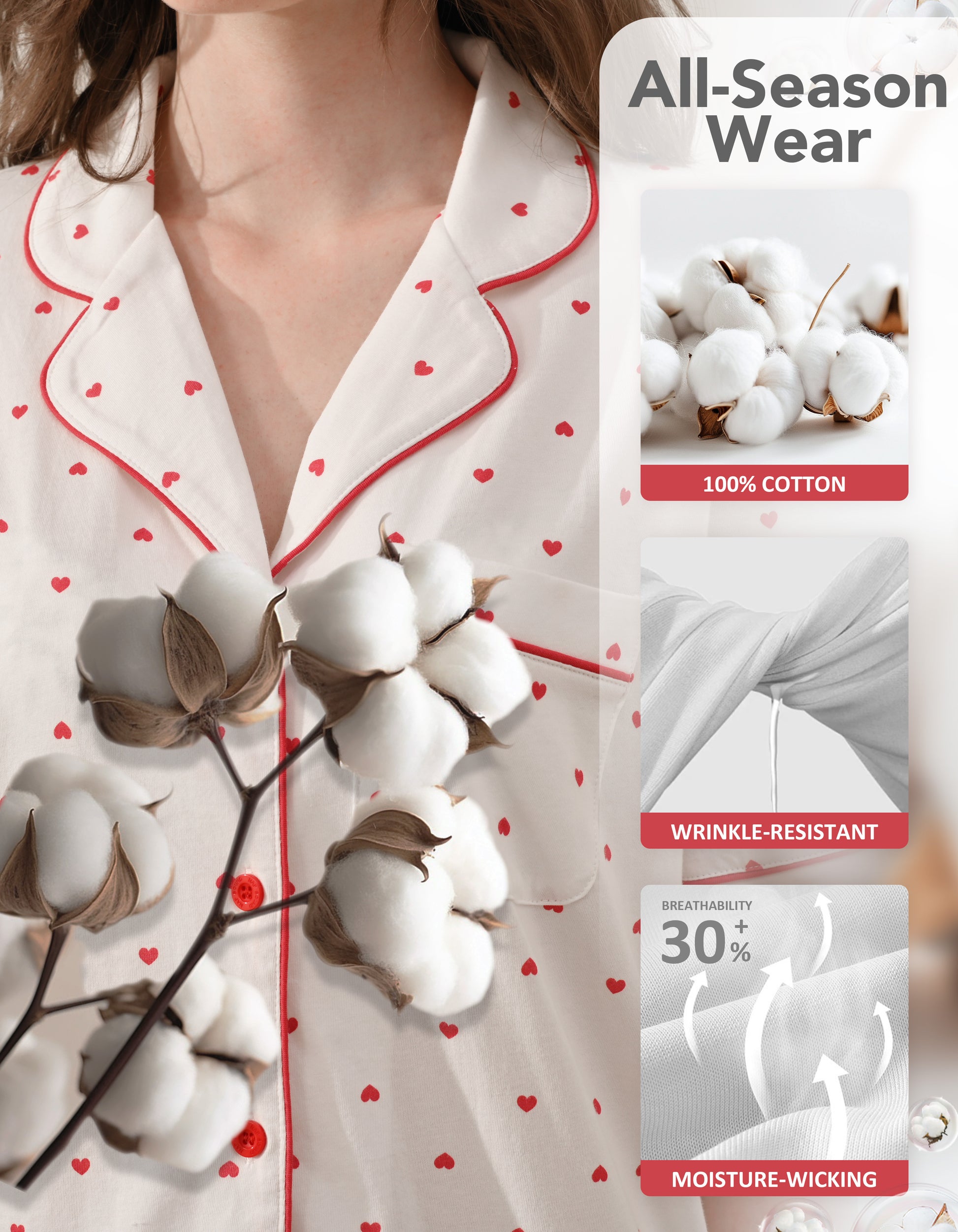 Close-up of small heart print cotton pajama fabric showing breathability and softness