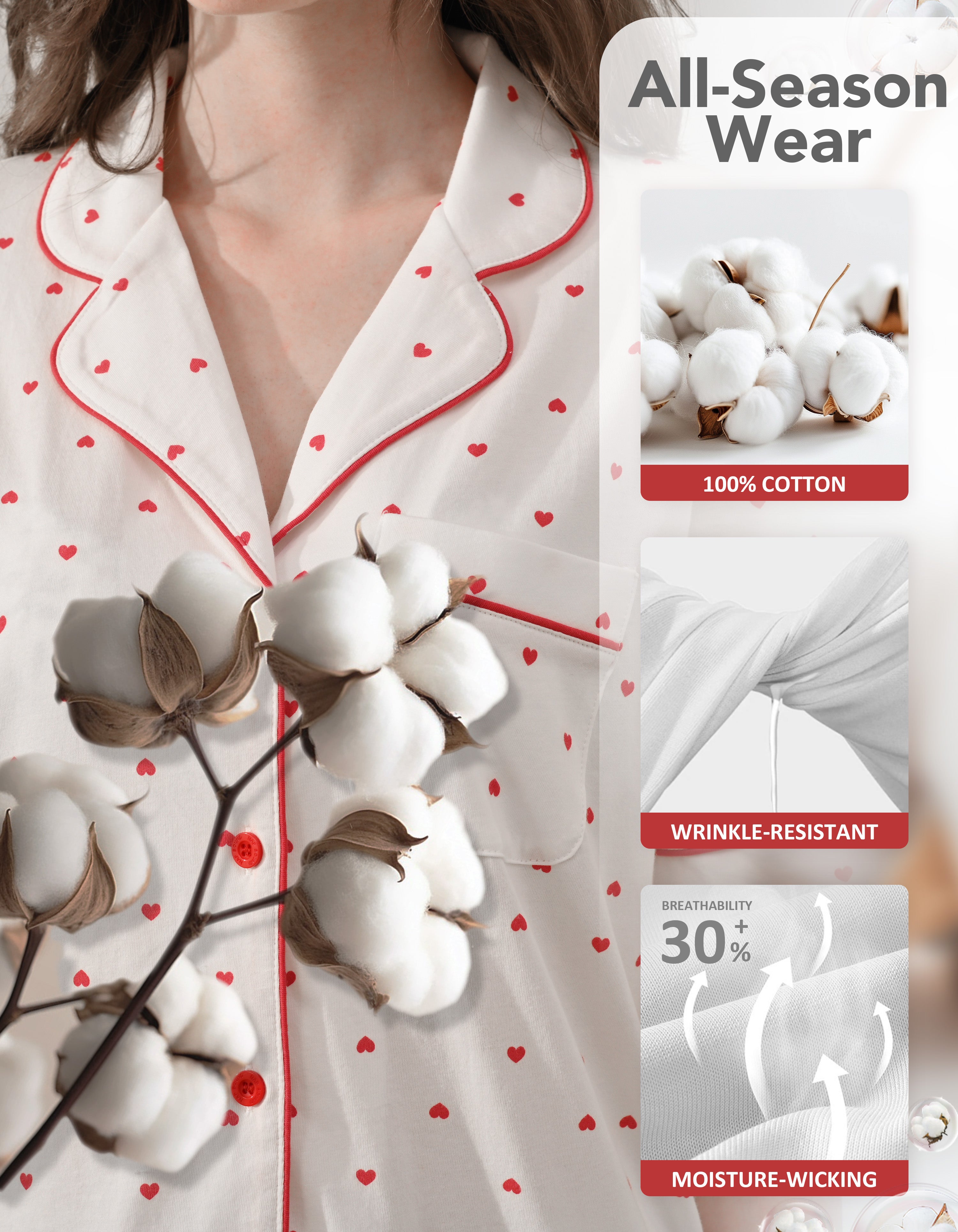 Close-up of small heart print knit cotton pajama fabric showing breathability and softness