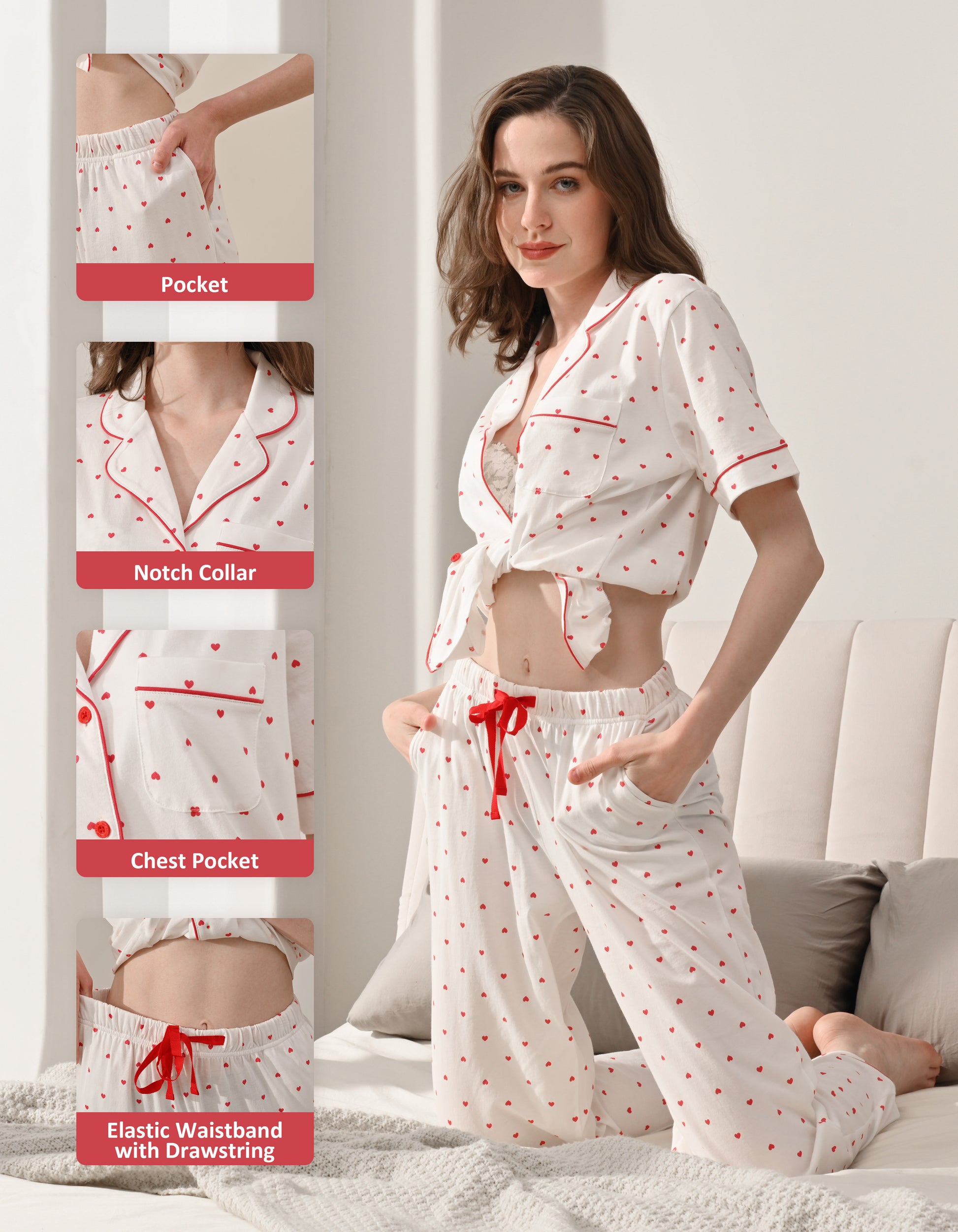 Design details of small heart print pajamas including notch collar with red piping, chest pocket, and drawstring waistband