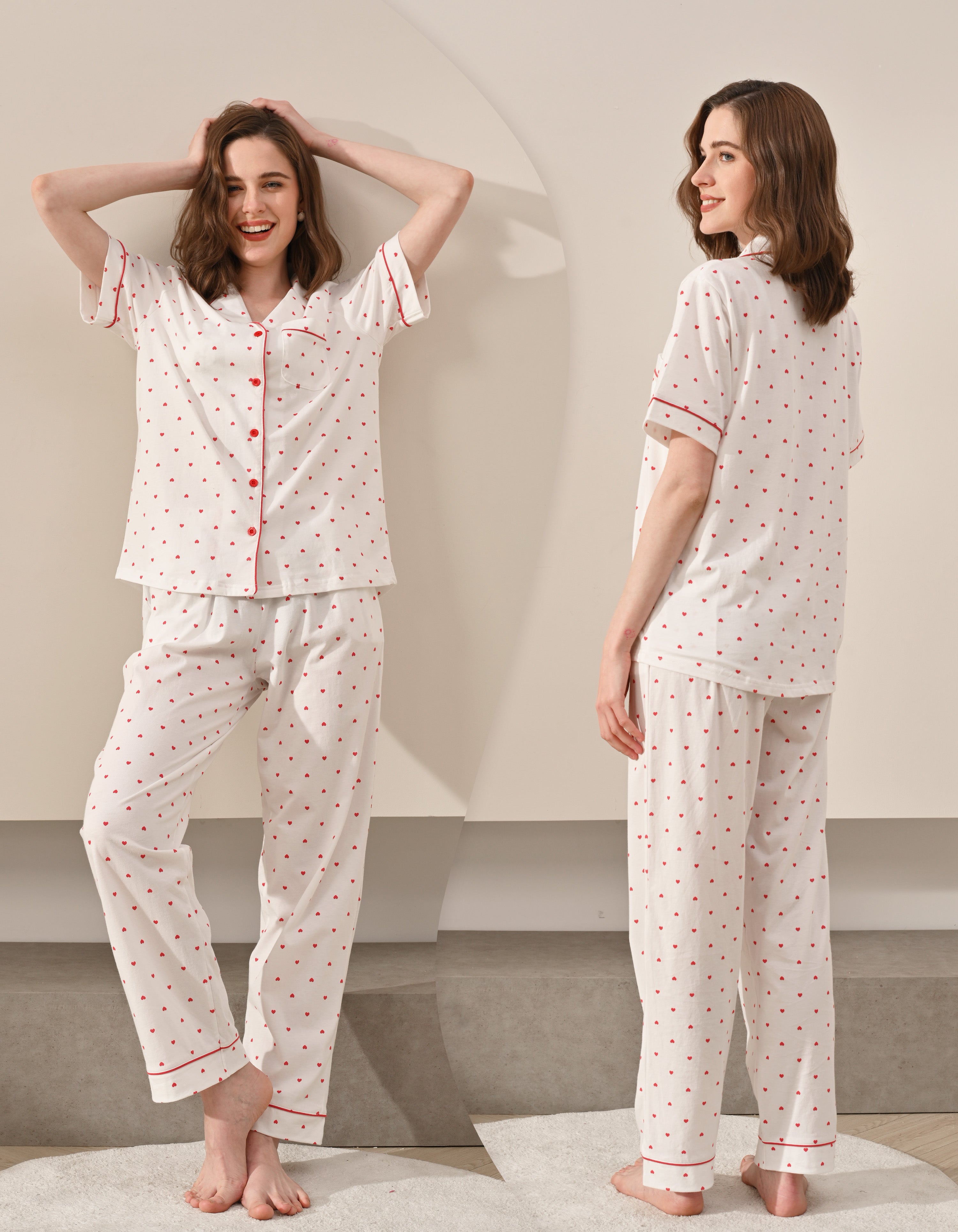 Front and back view comparison of small heart print women’s pajama set