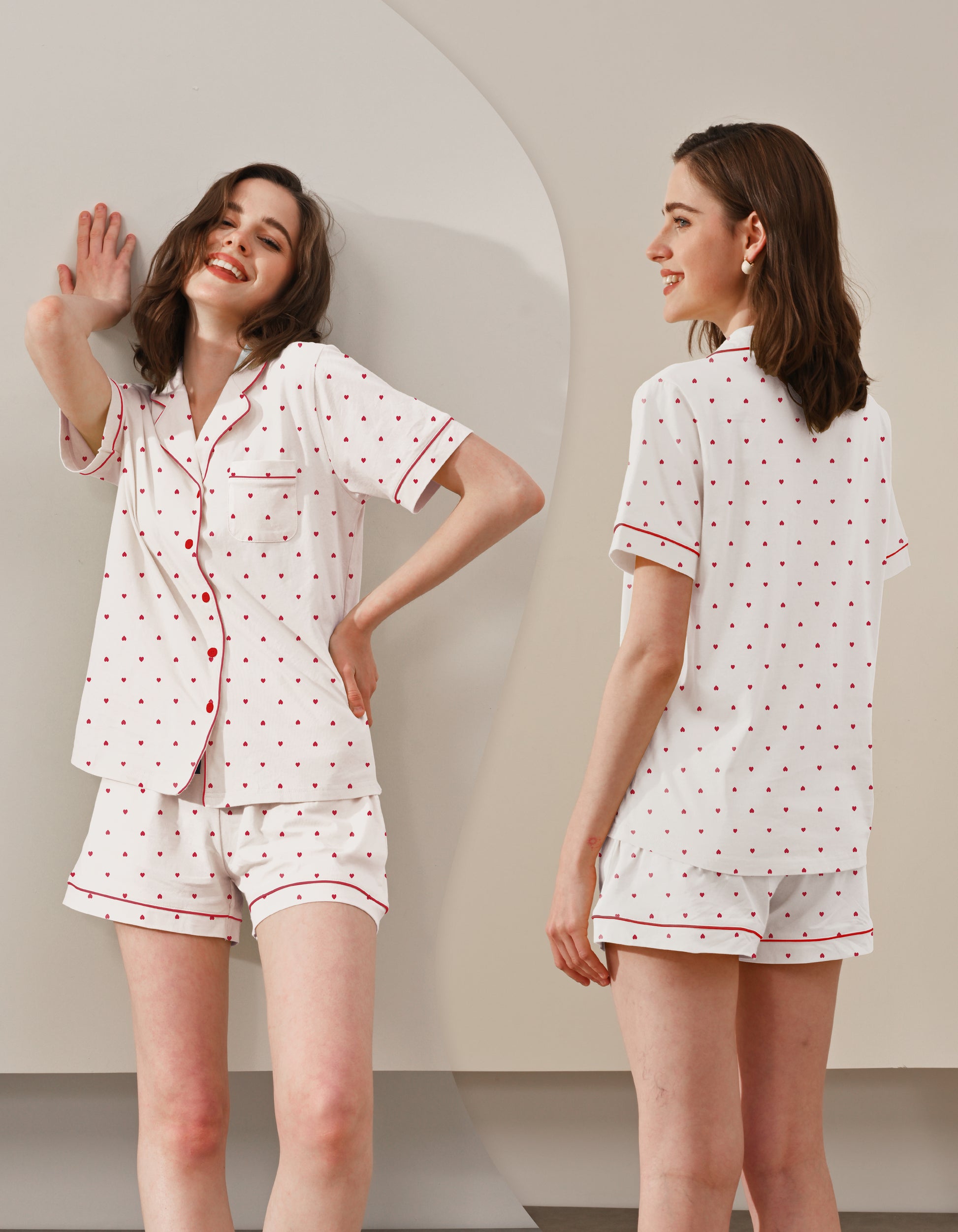 Front and back view comparison of small heart print women’s pajama set