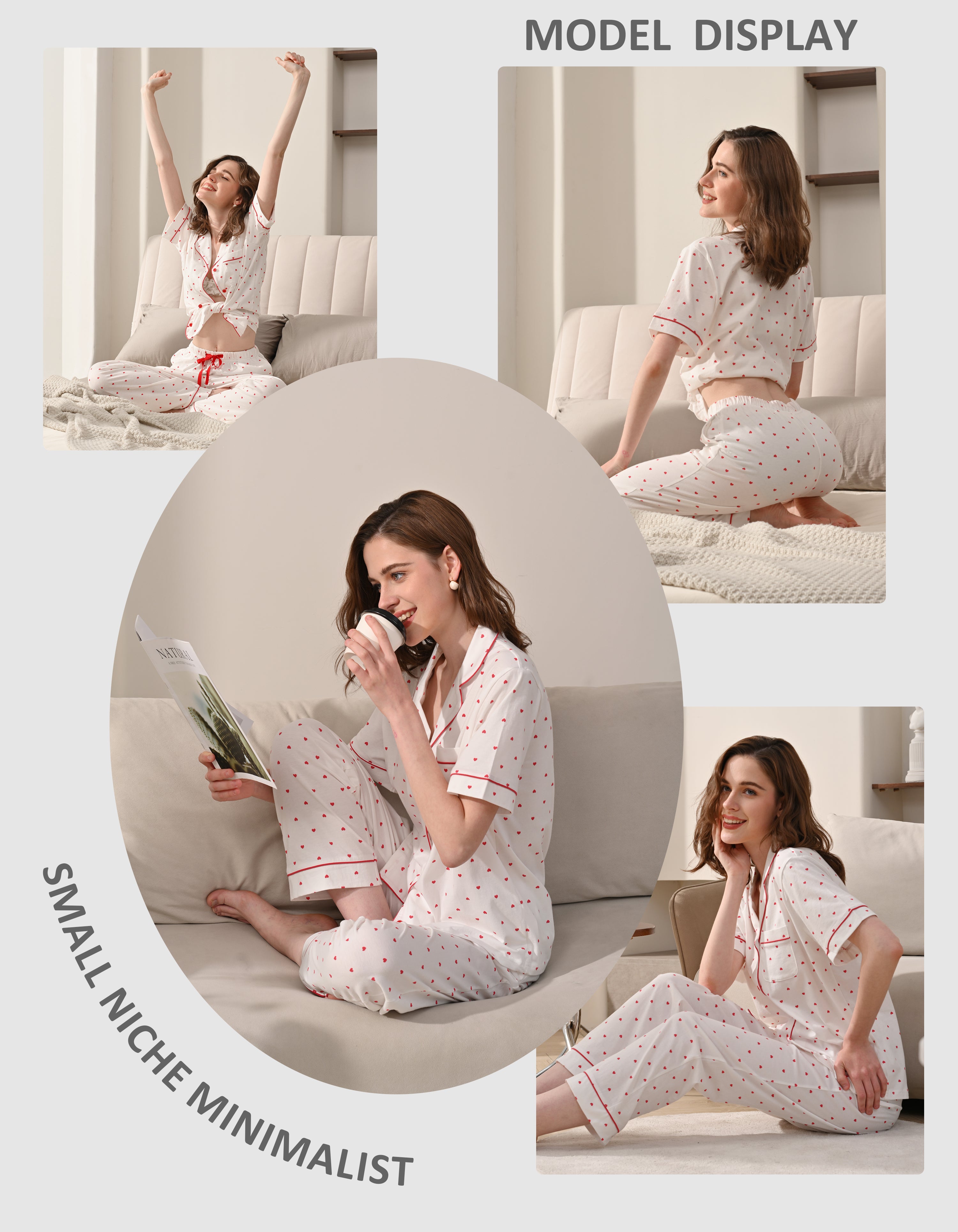 Model wearing small heart print cotton pajamas in cozy home and bedroom scenes
