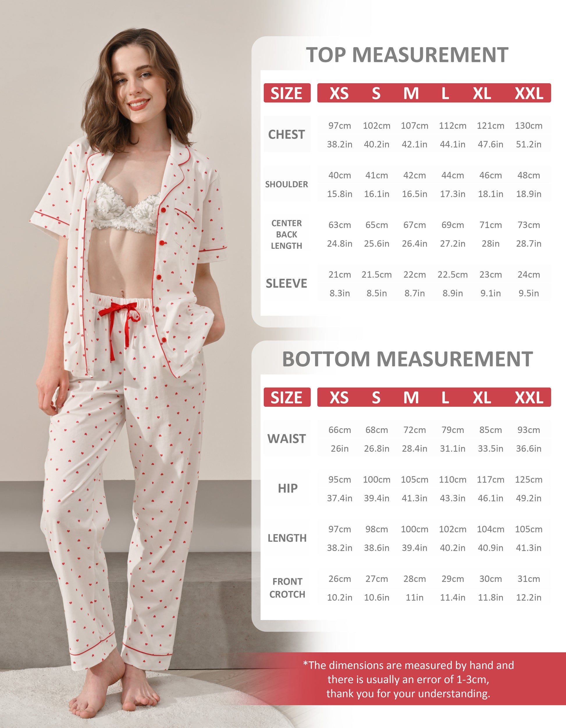 Size chart for women’s small heart print cotton pajama set top and pants