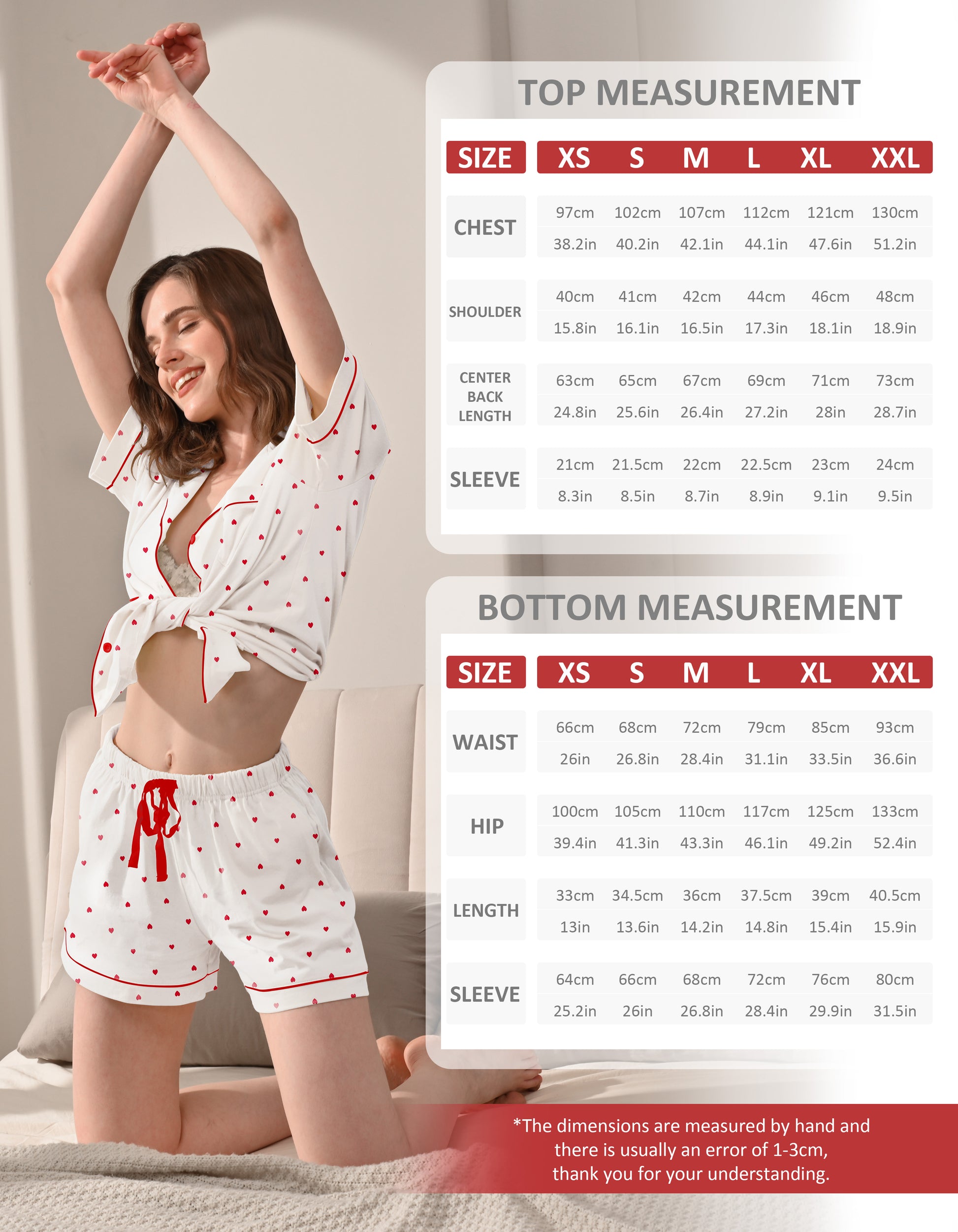 Size chart for women’s small heart knit cotton pajama set top and shorts
