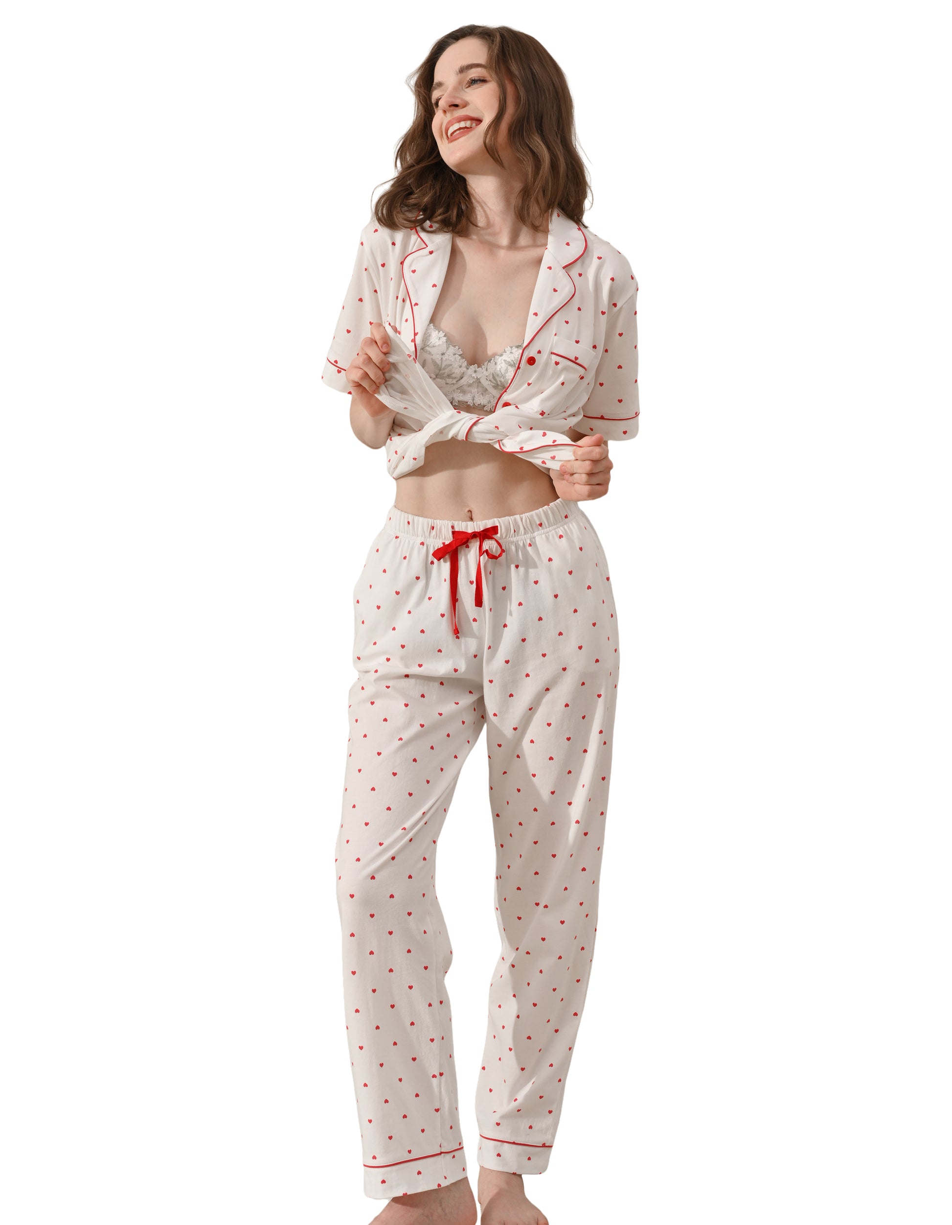 Small heart print women’s cotton pajama set front view on white background