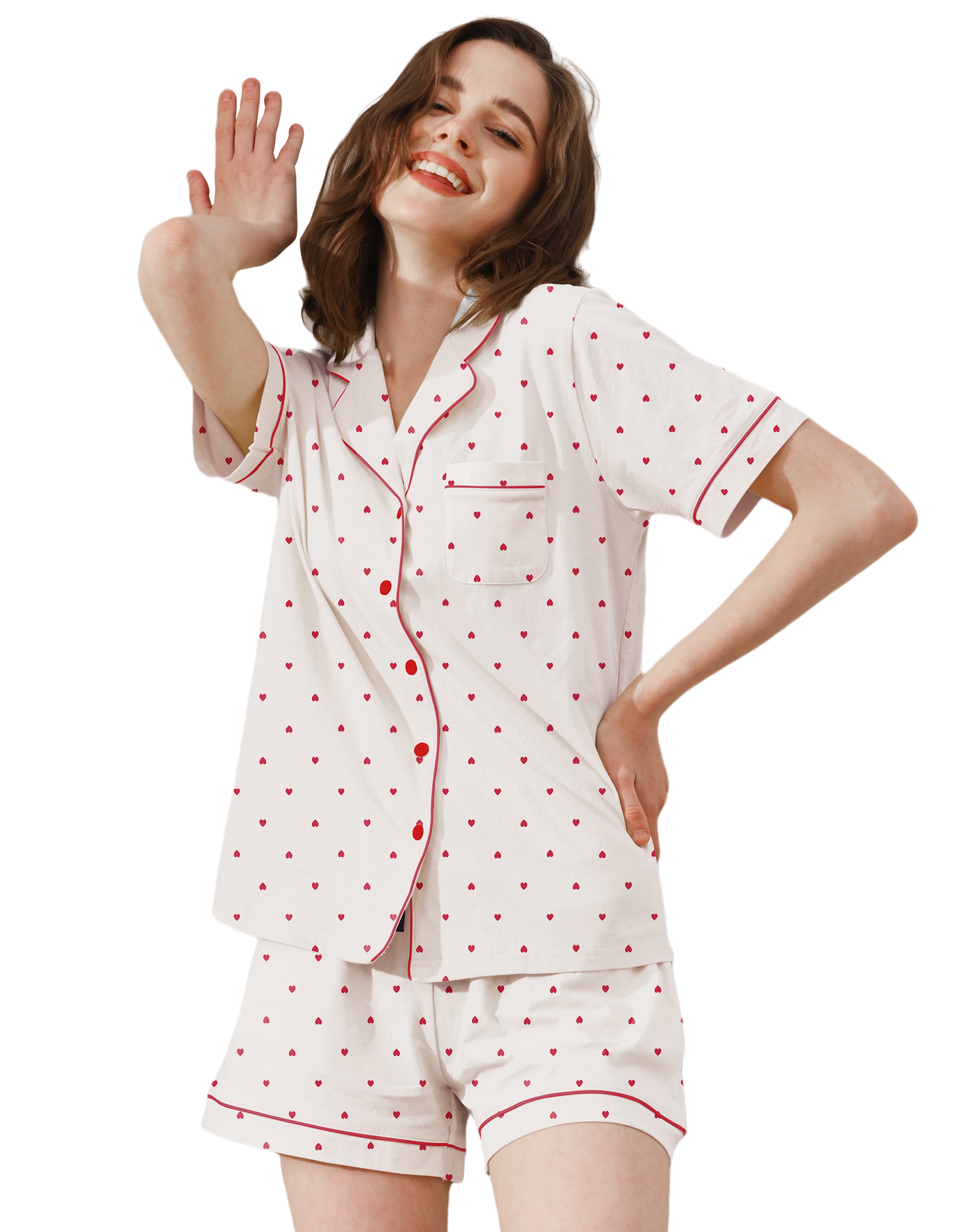 Small heart print women’s knit cotton pajama set front view on white background
