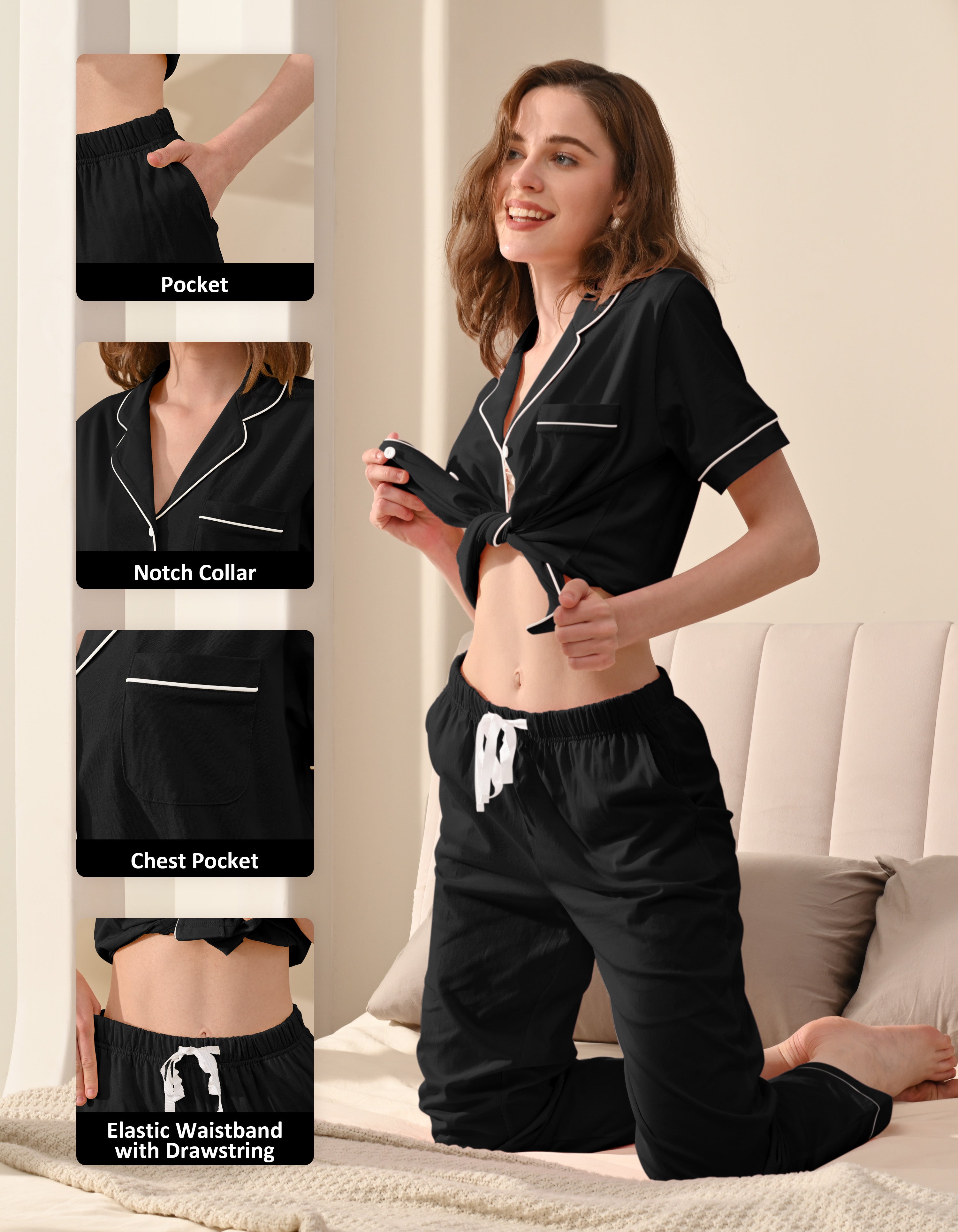 Design details of solid black knit cotton pajamas including notch collar with white piping, chest pocket, and drawstring waistband