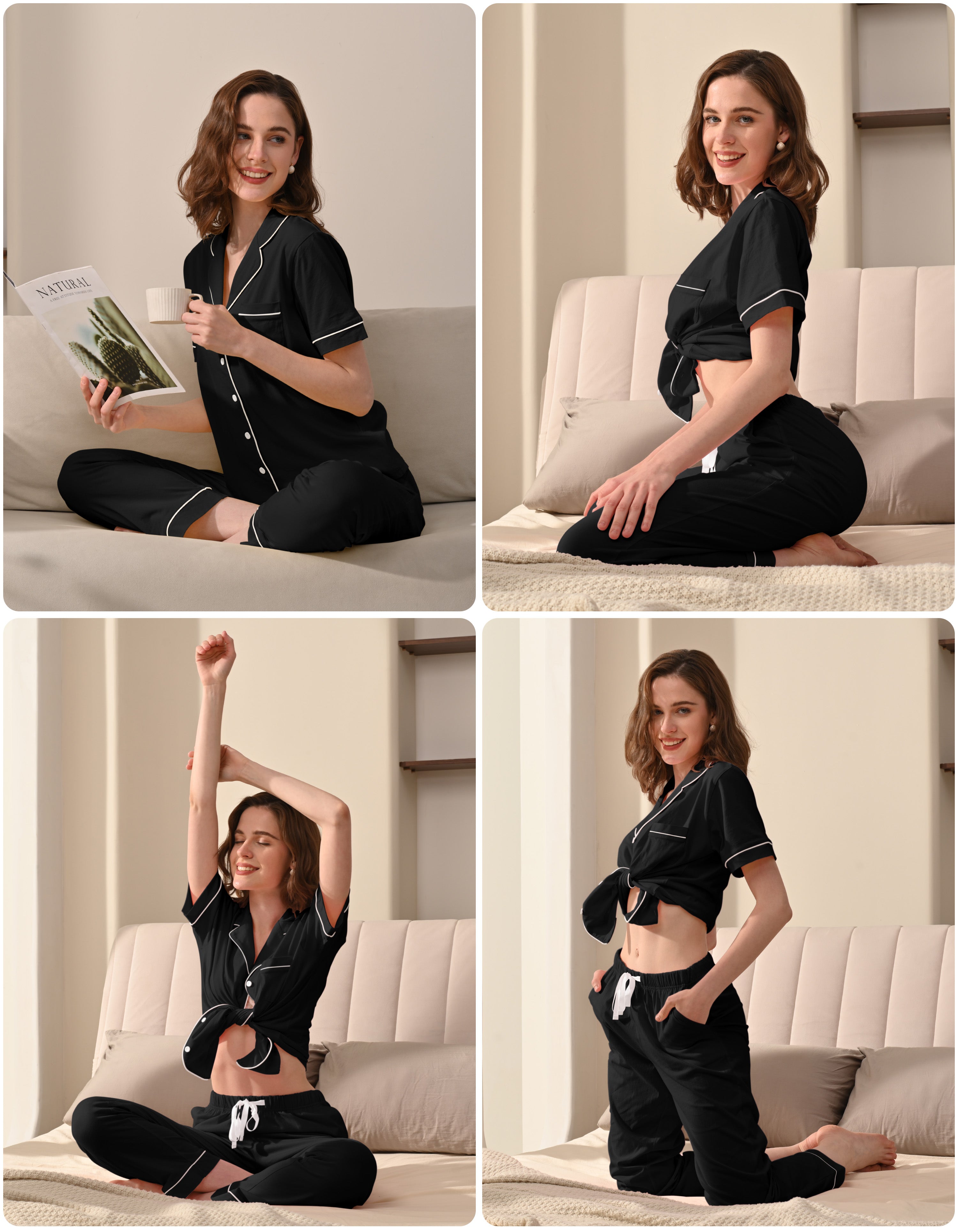 Model wearing solid black knit cotton pajamas in cozy home and bedroom scenes