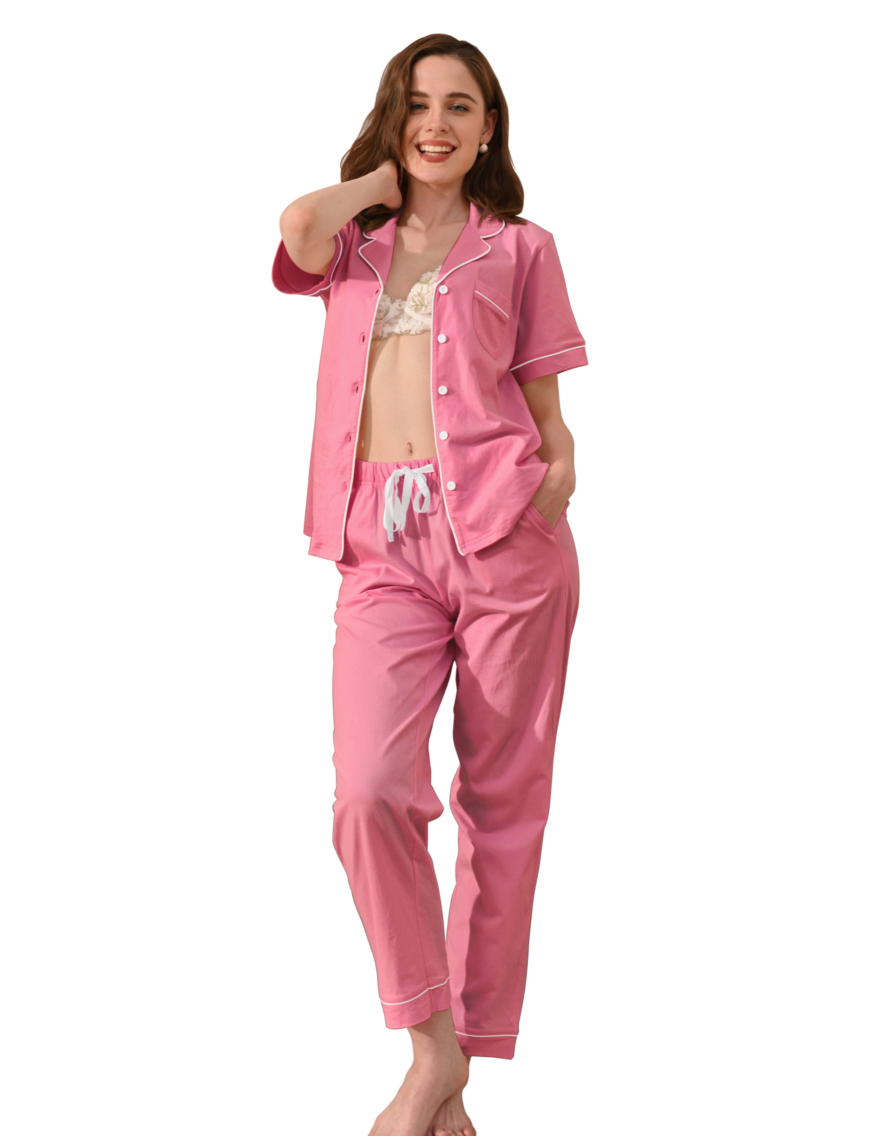 Solid pink knit cotton women’s pajama set front view on white background