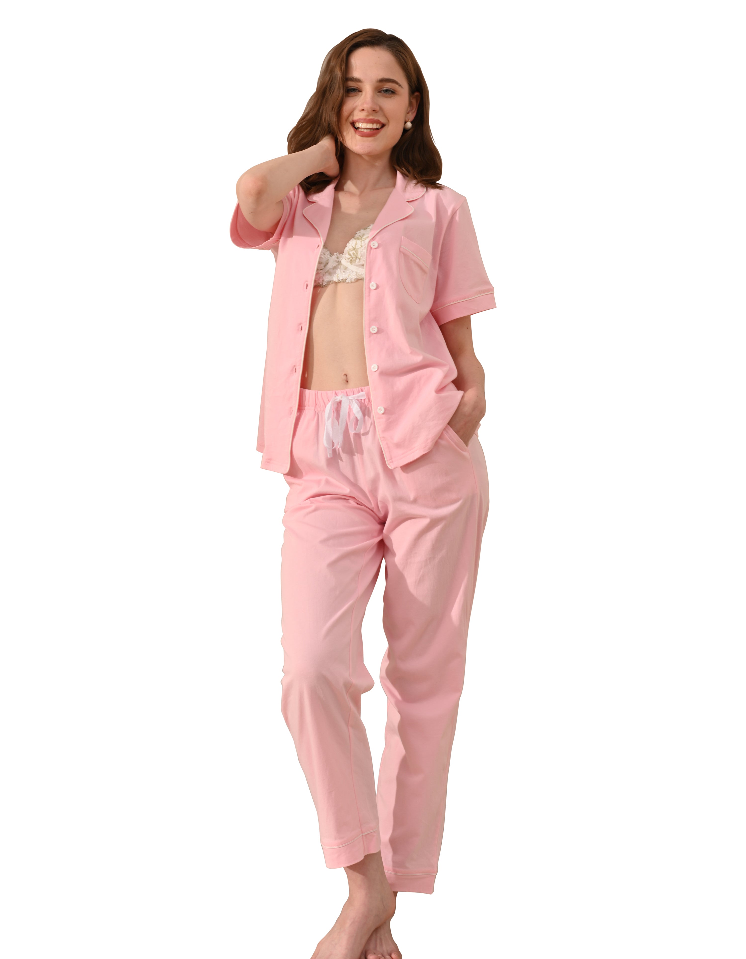 Solid pink knit cotton women’s pajama set front view on white background