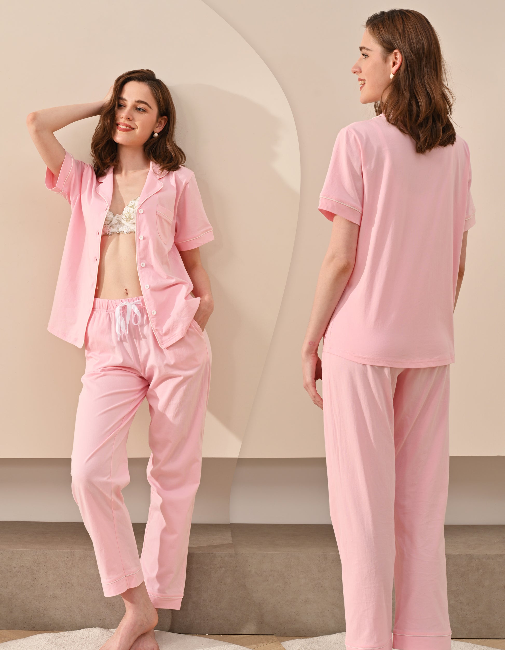 Front and back view comparison of solid pink women’s pajama set
