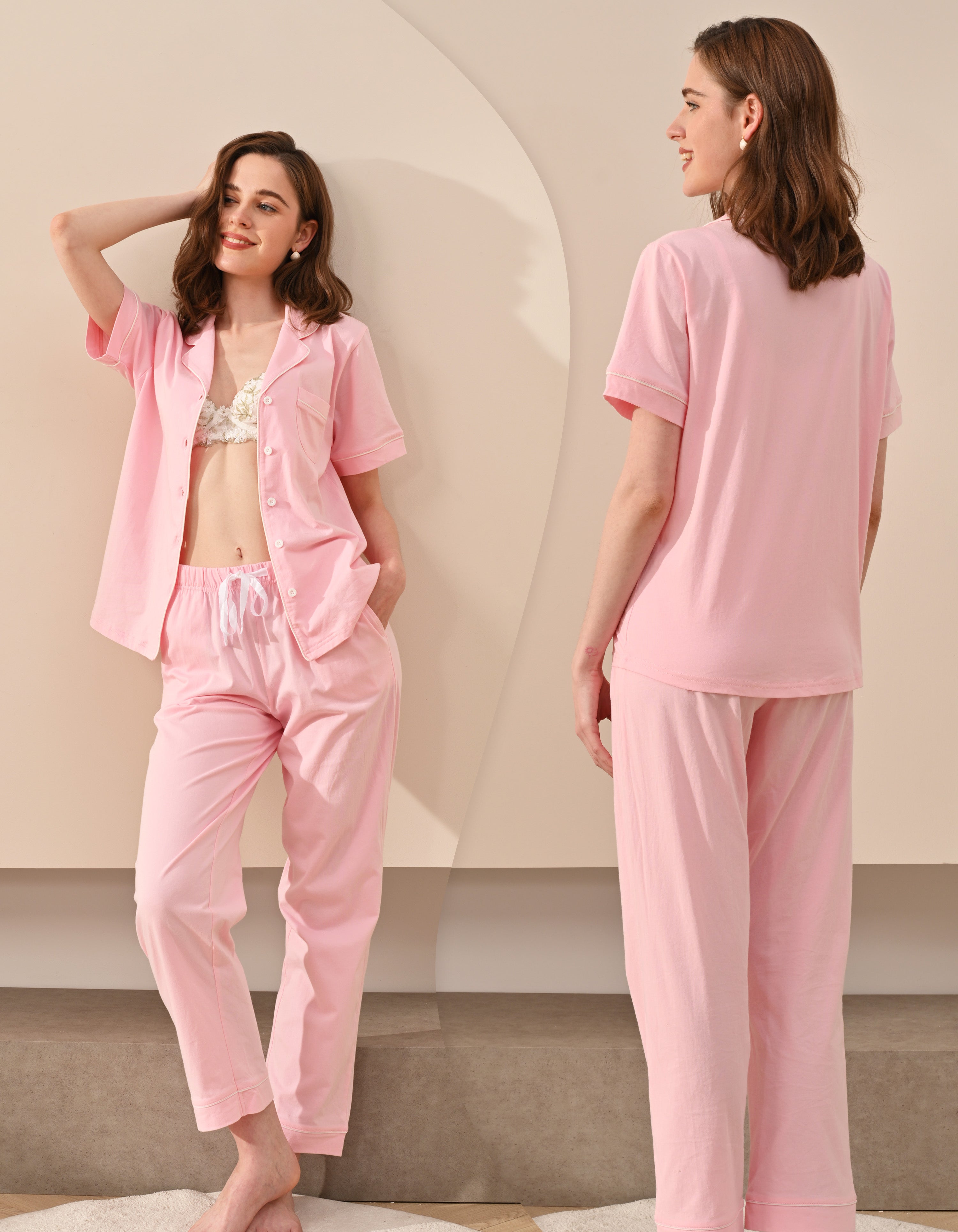 Front and back view comparison of solid pink women’s pajama set