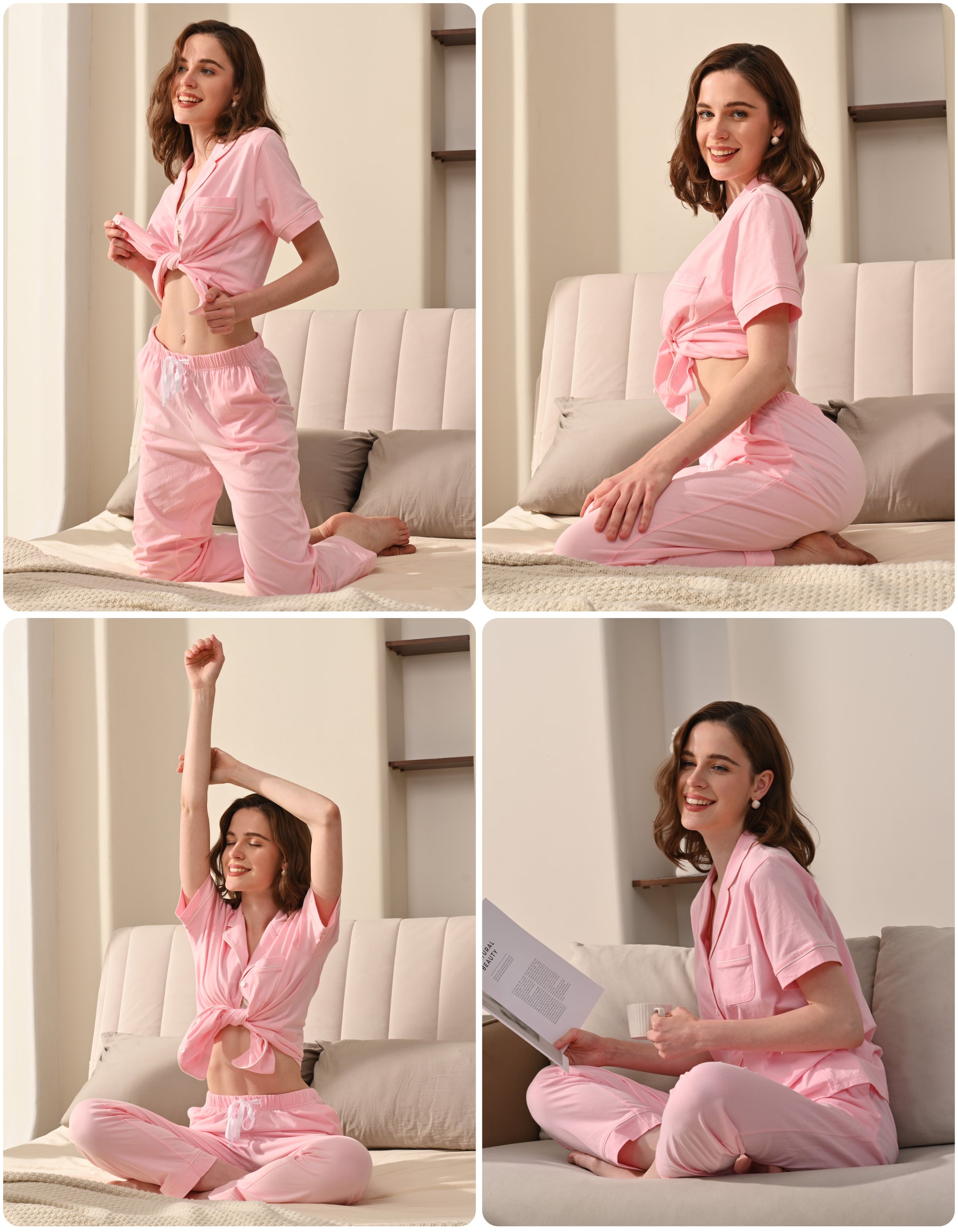 Model wearing solid pink knit cotton pajamas in cozy home and bedroom scenes