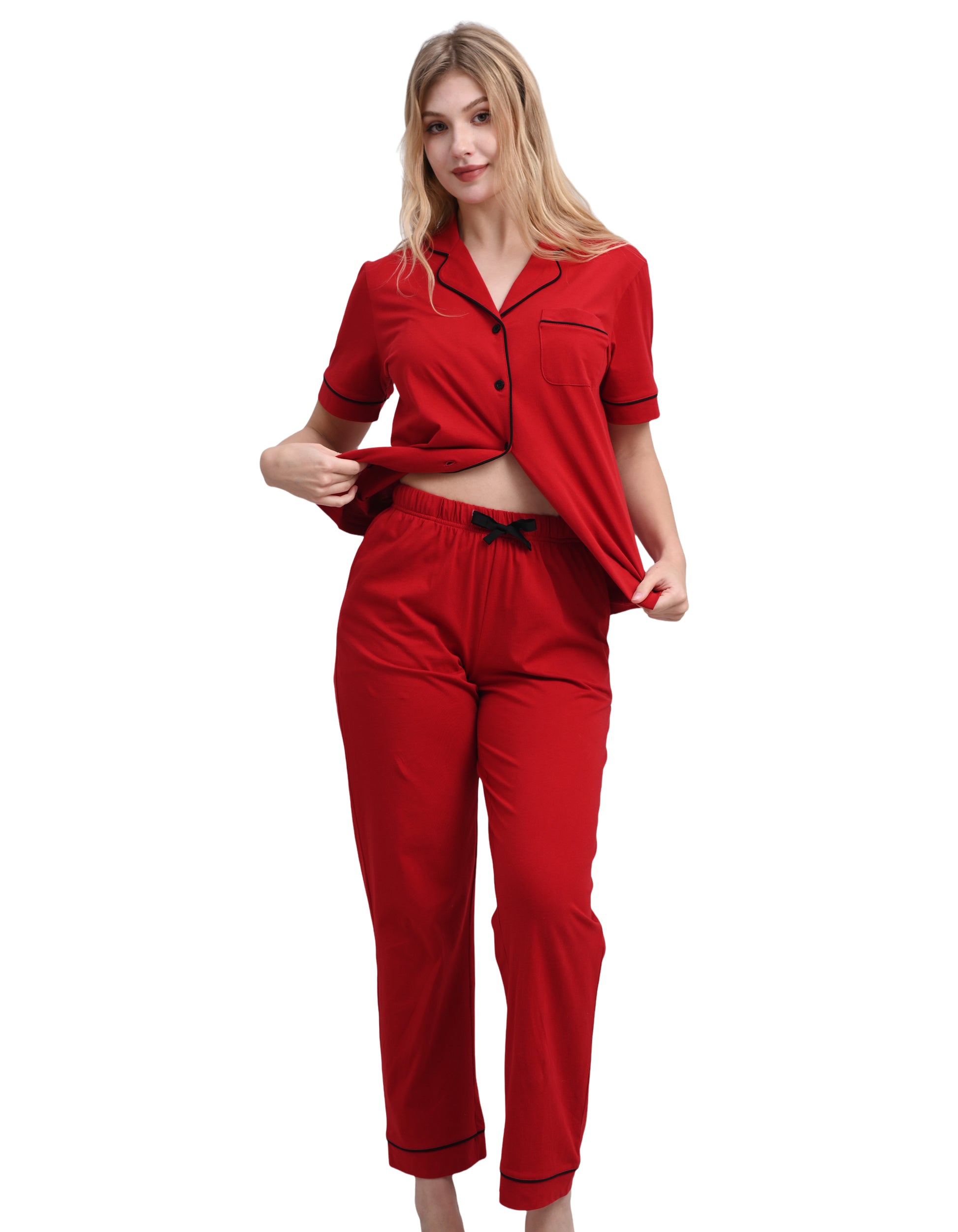 Solid red women’s knit cotton pajama set front view on white background
