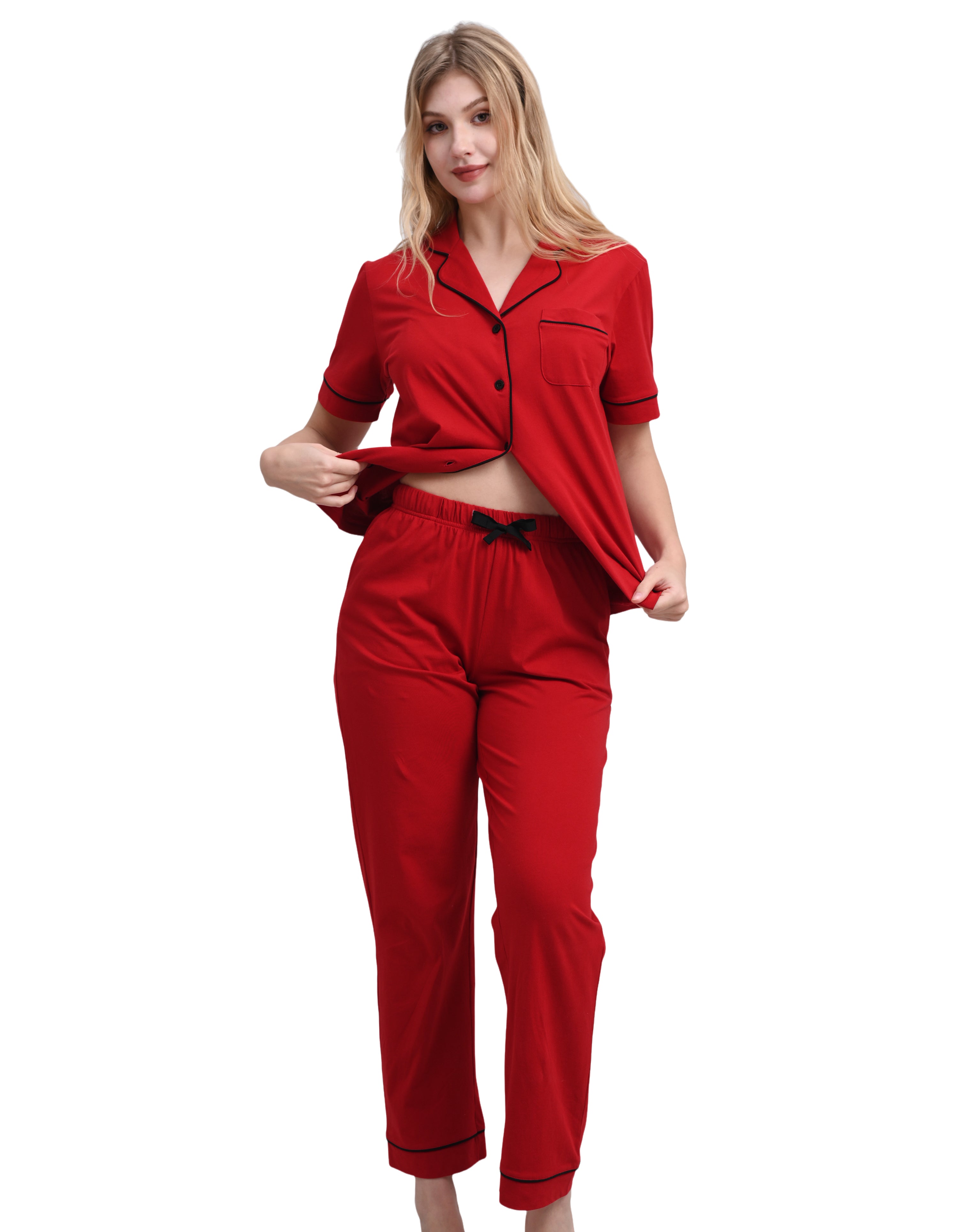 Solid red women’s knit cotton pajama set front view on white background