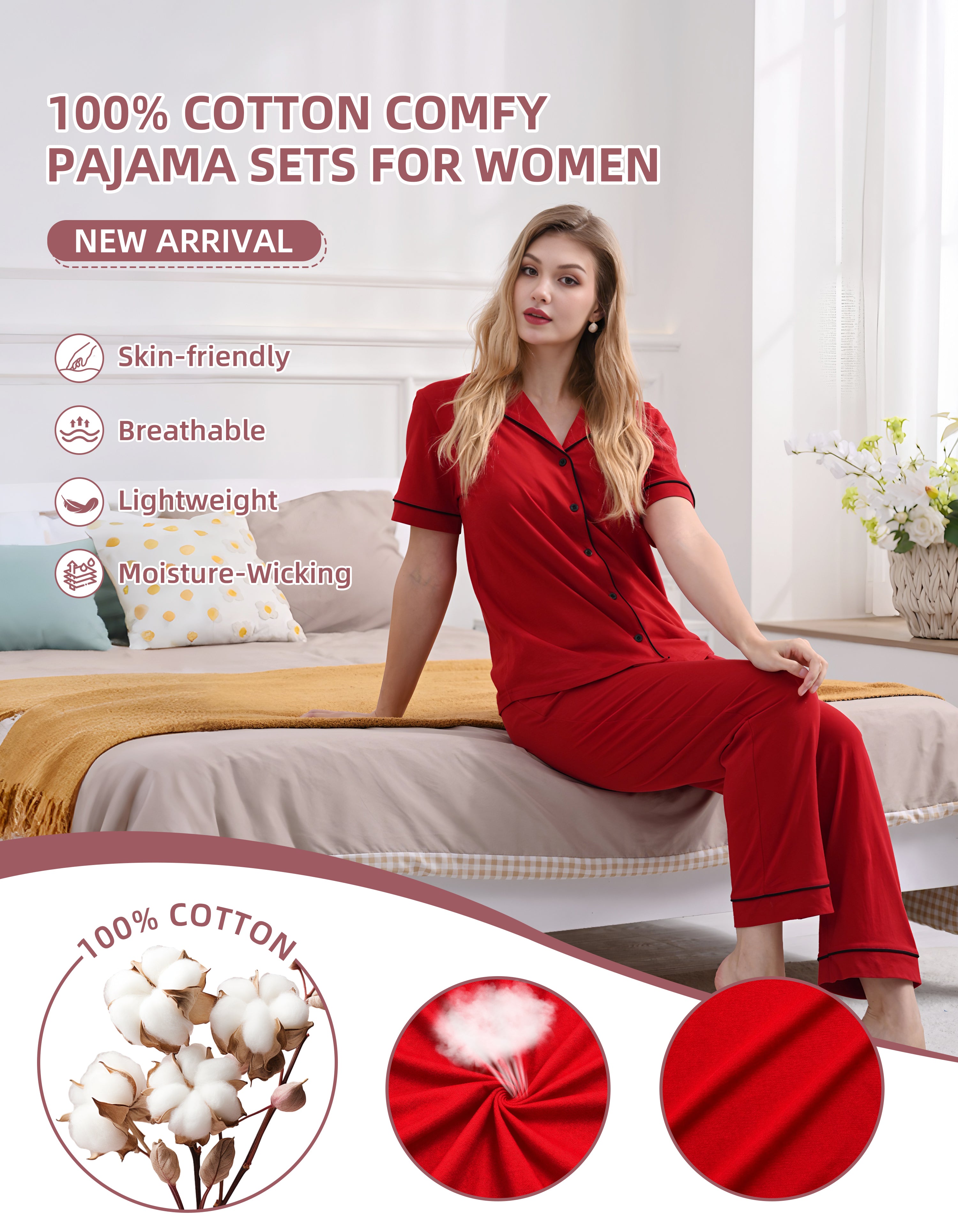 Close-up of solid red knit cotton pajama fabric showing softness and breathability