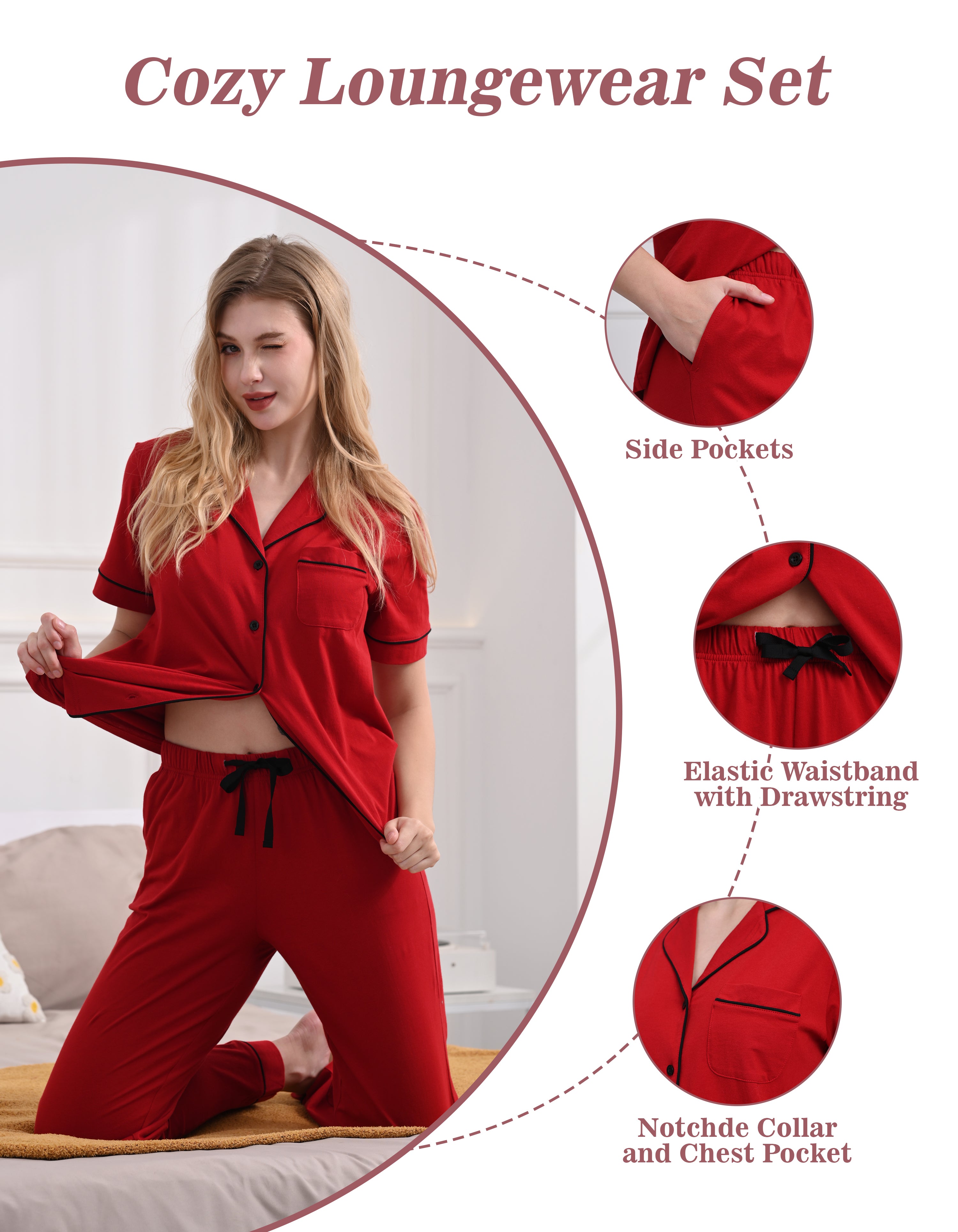 Design features of solid red pajamas including side pockets elastic waistband drawstring and notched collar