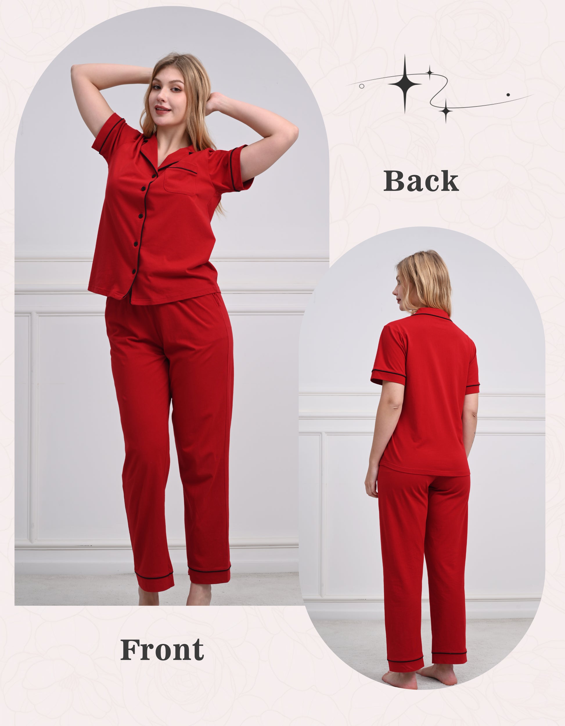 Front and back view comparison of solid red women’s knit cotton pajama set