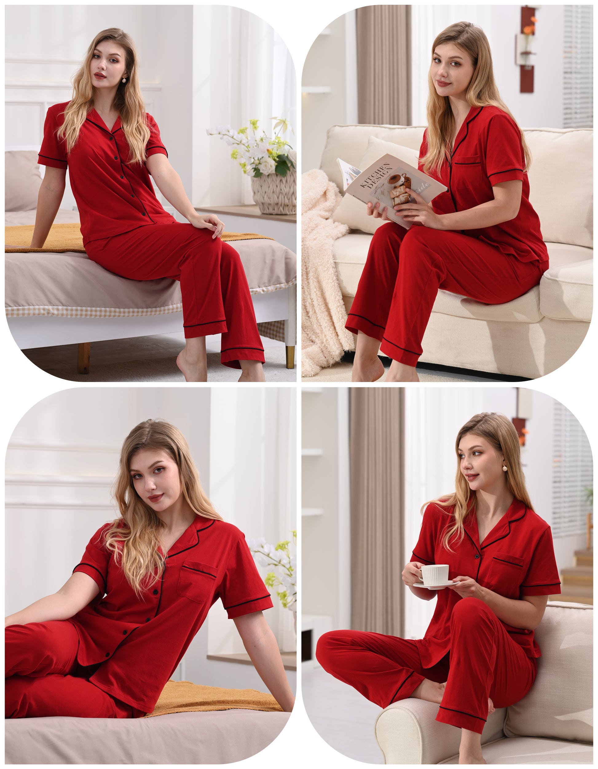 Model wearing solid red knit cotton pajamas in cozy home relaxing scenes