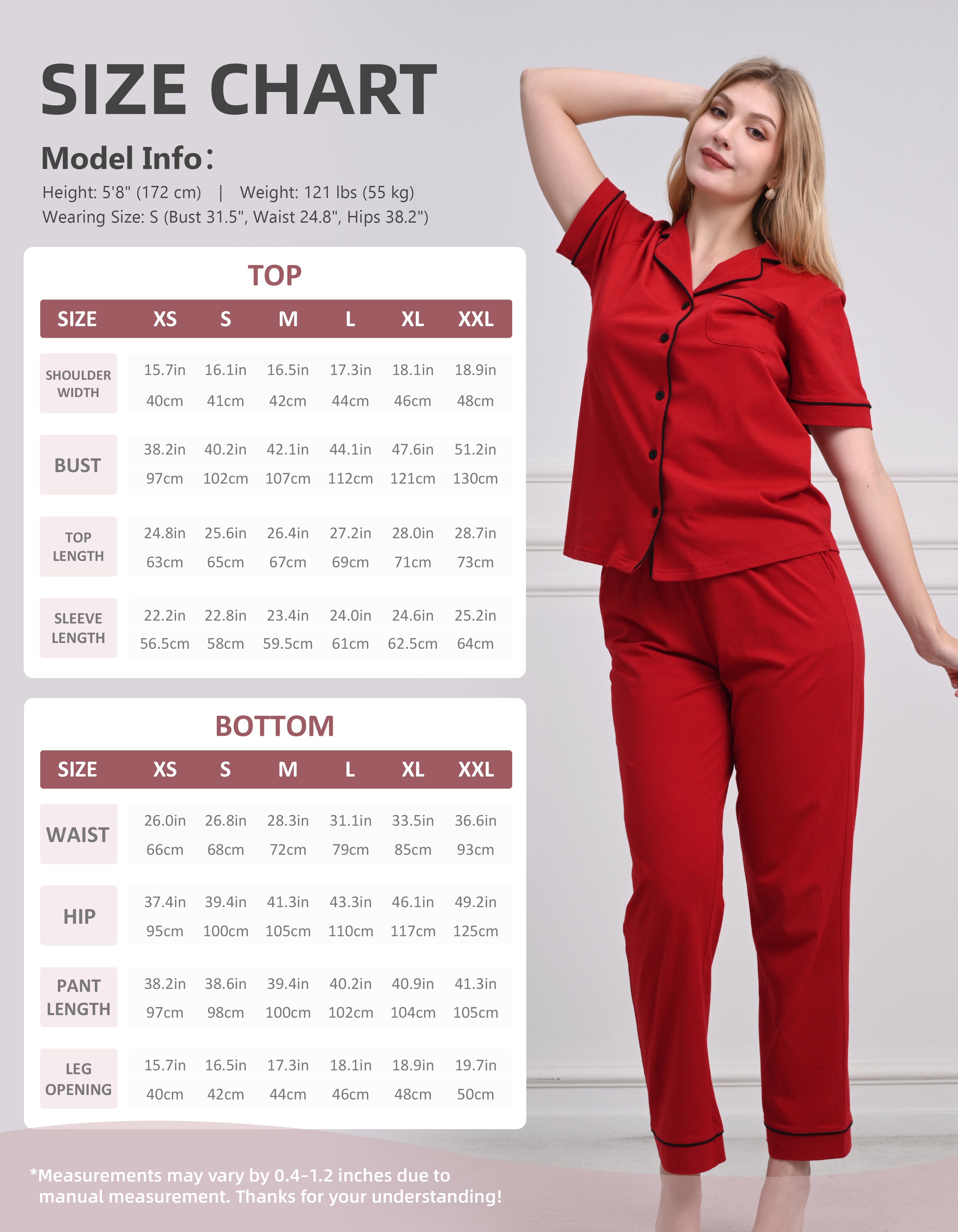 Size chart for women’s solid red knit cotton pajama set top and pants