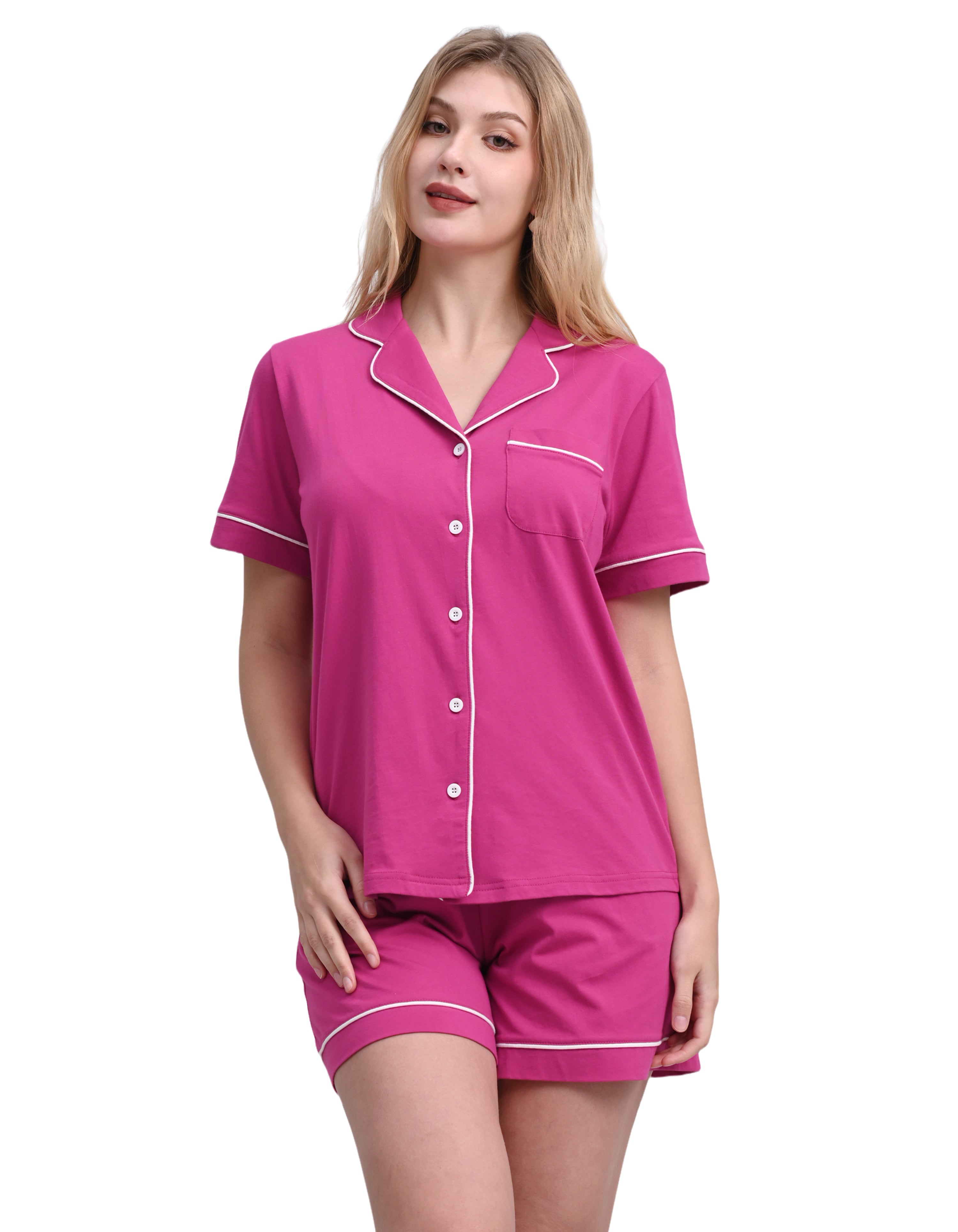 Solid rose red women’s knit cotton pajama set front view on white background