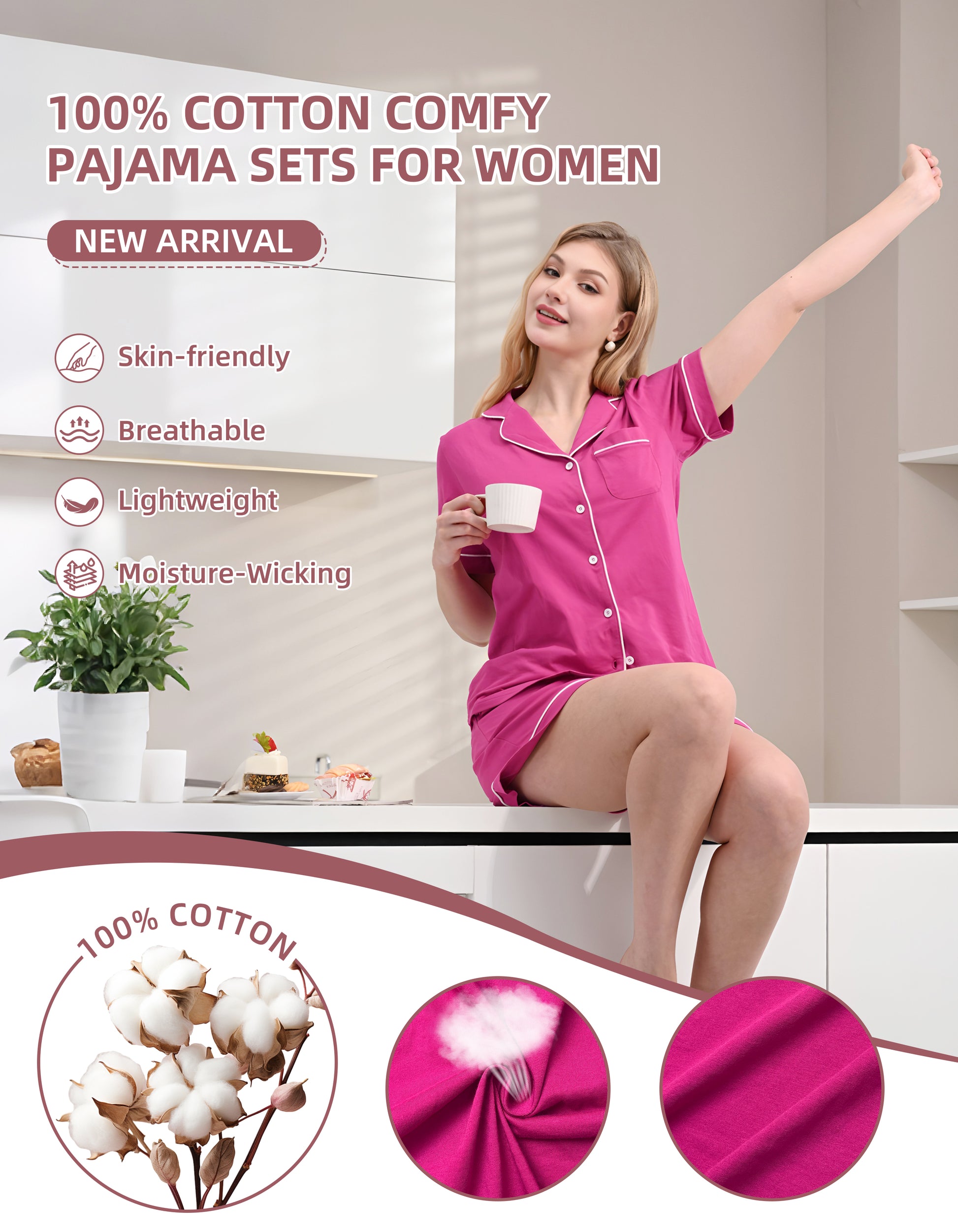 Close-up of solid rose red knit cotton pajama fabric showing softness and breathability