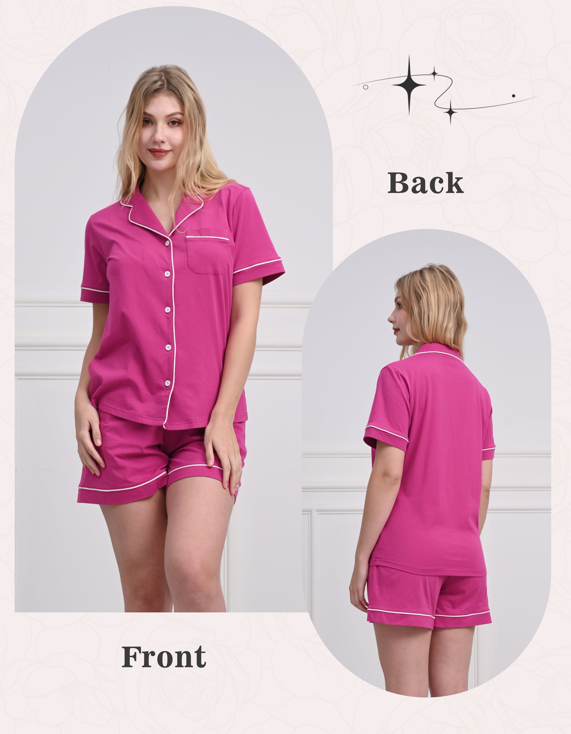 Front and back view comparison of solid rose red women’s knit cotton pajama set