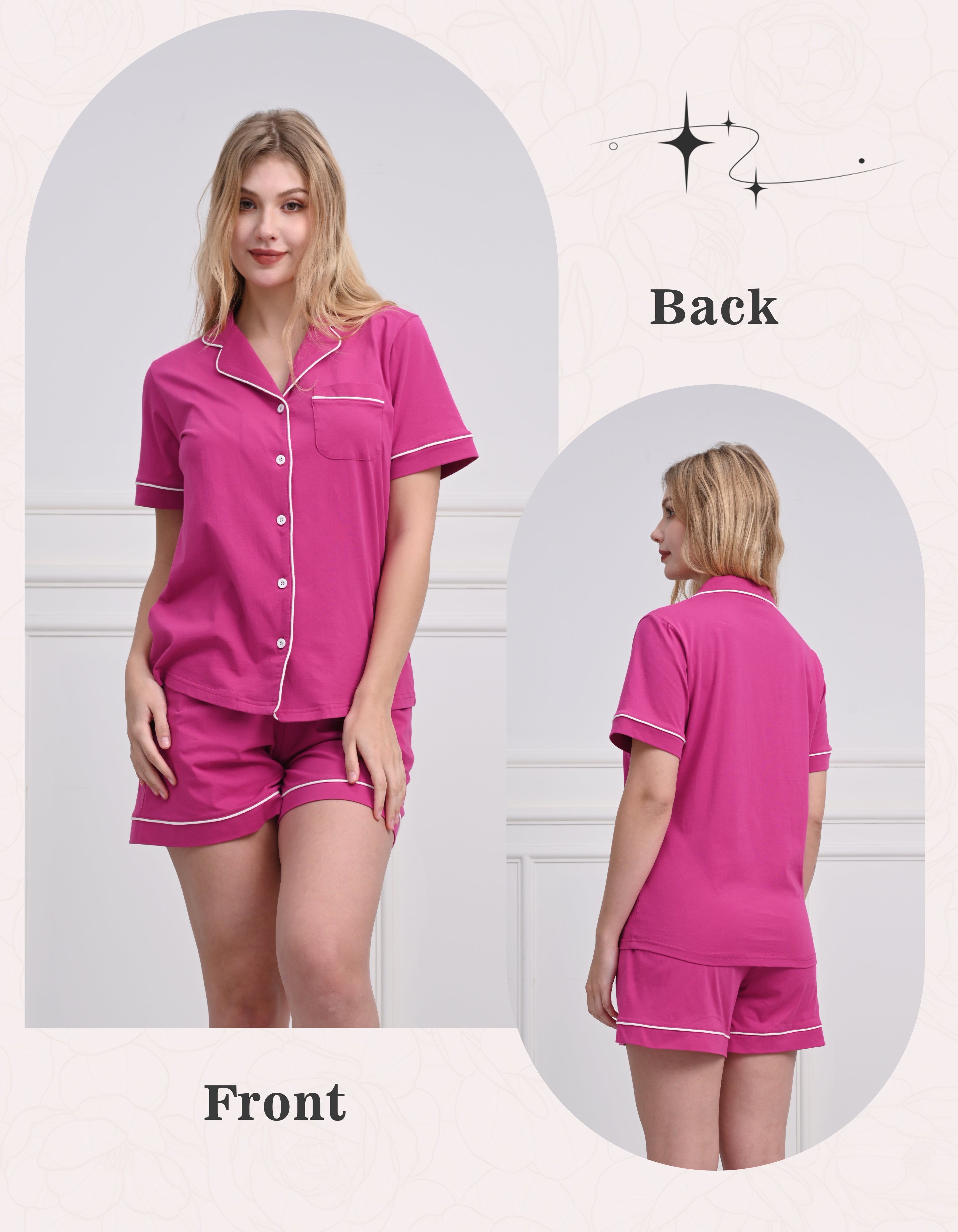 Front and back view comparison of solid rose red women’s knit cotton pajama set