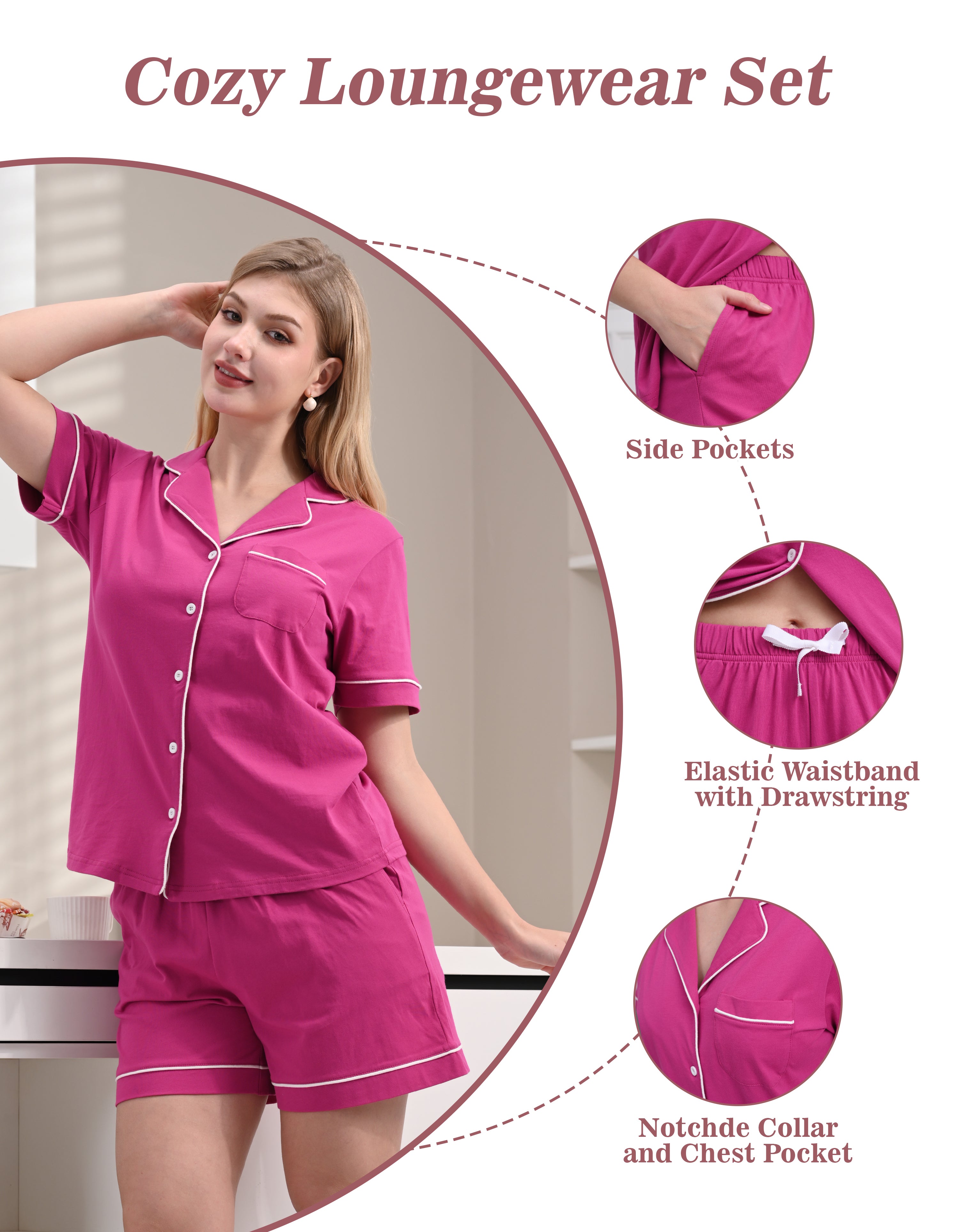 Key features of solid rose red knit cotton pajamas including side pockets, drawstring waistband, and notched collar