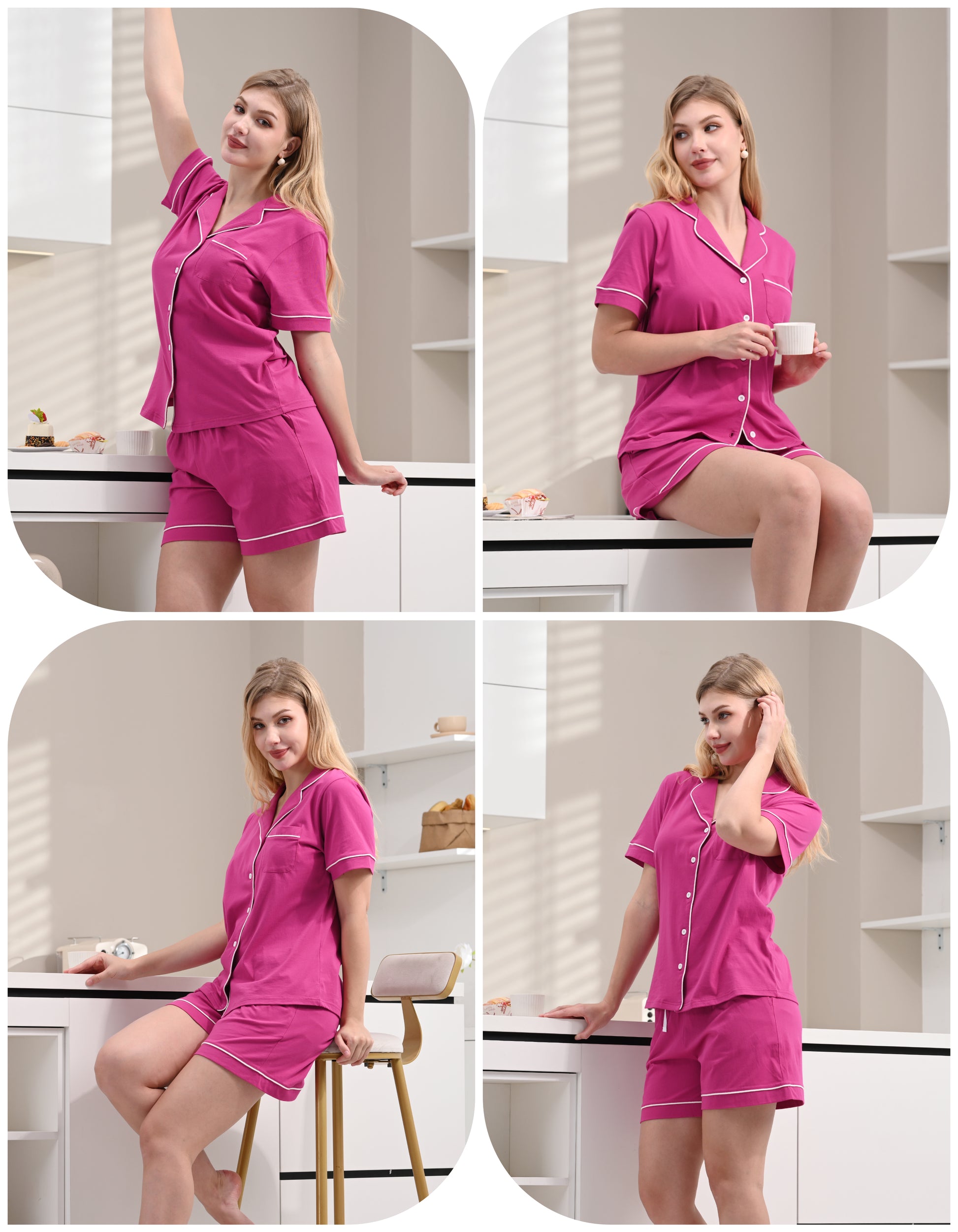 Model wearing solid rose red knit cotton pajamas in cozy home scenes