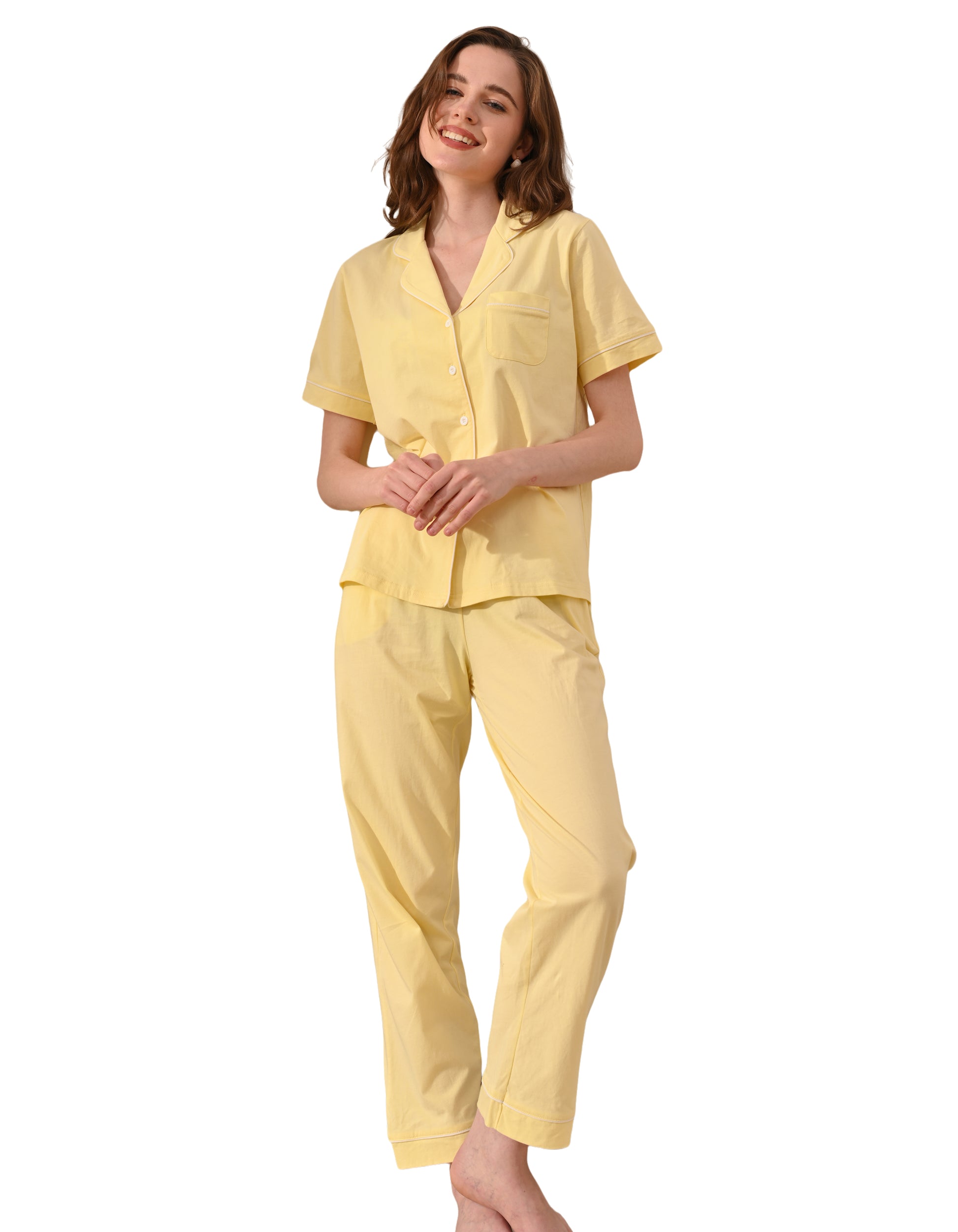 Solid yellow knit cotton women’s pajama set front view on white background
