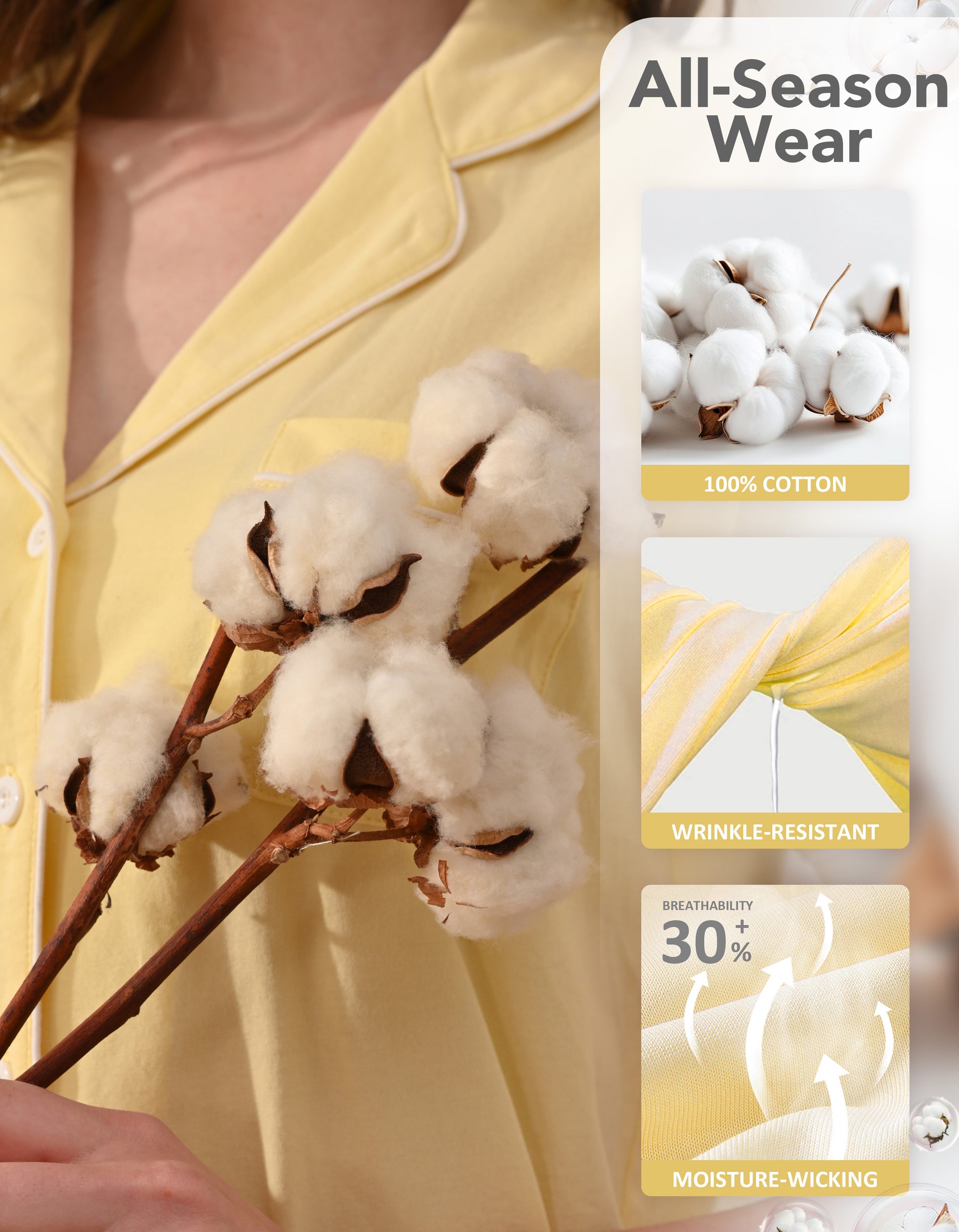 Close-up of solid yellow knit cotton pajama fabric showing softness and breathability