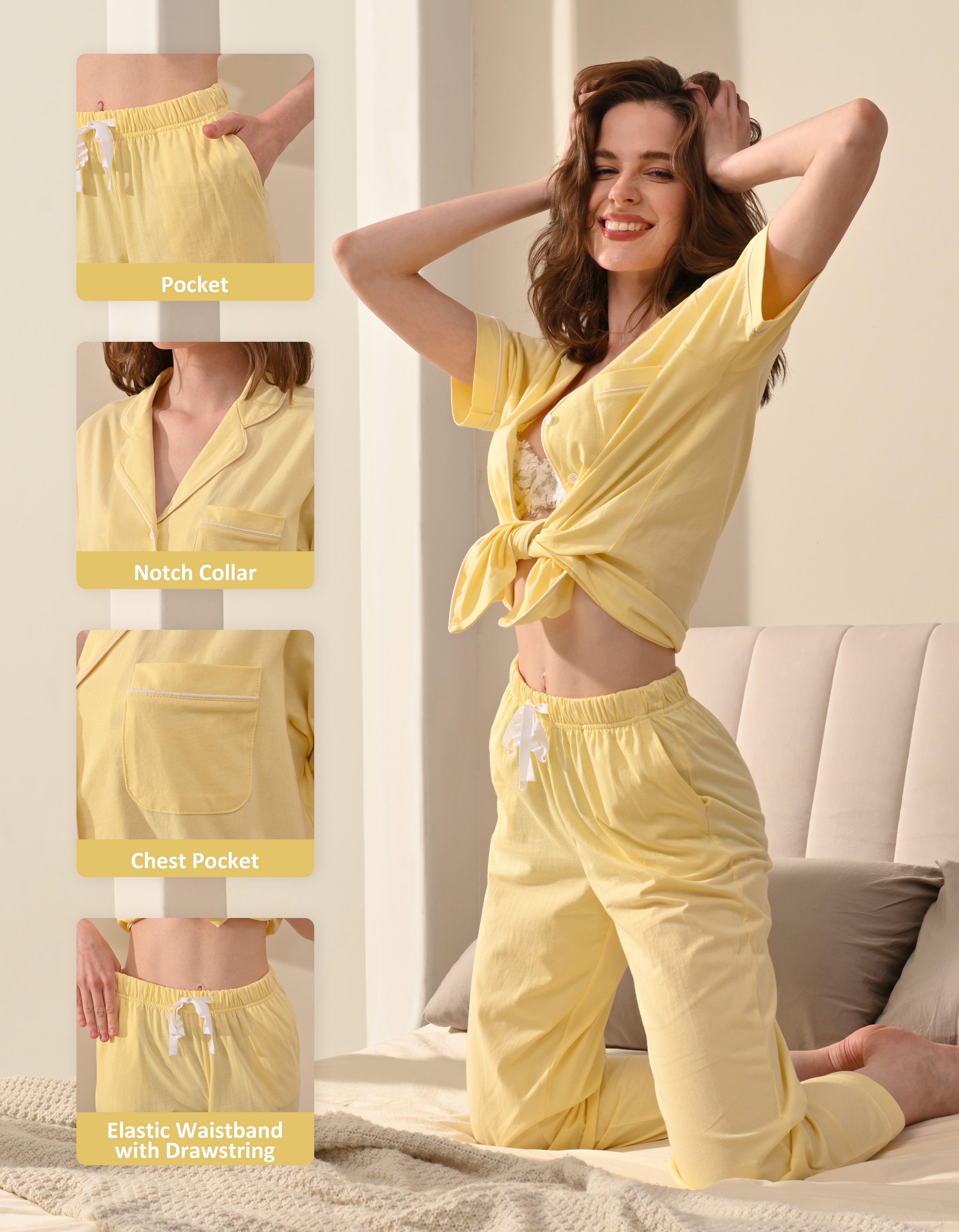 Design details of solid yellow knit cotton pajamas including notch collar, chest pocket, and drawstring waistband