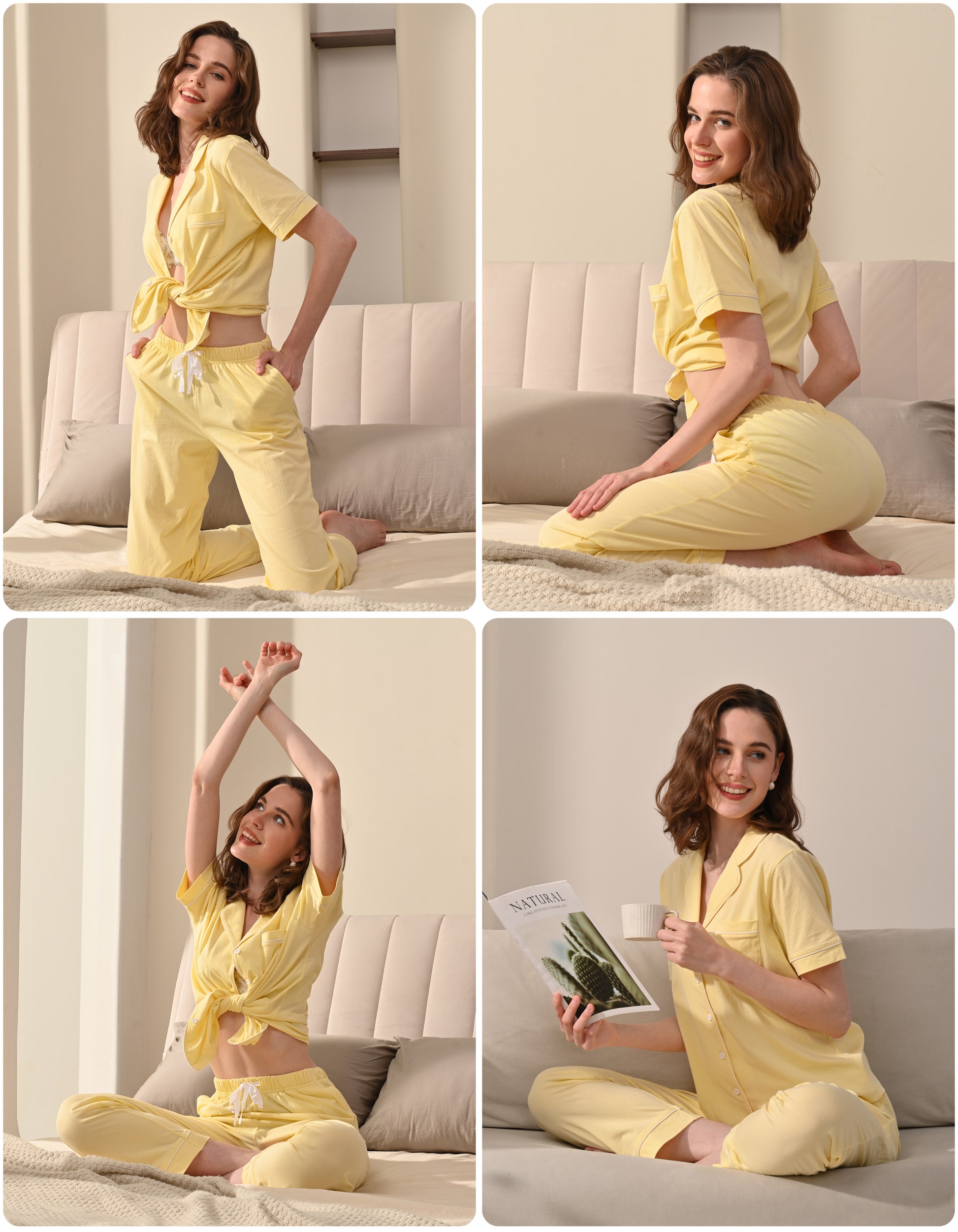 Model wearing solid yellow knit cotton pajamas in cozy home and bedroom scenes